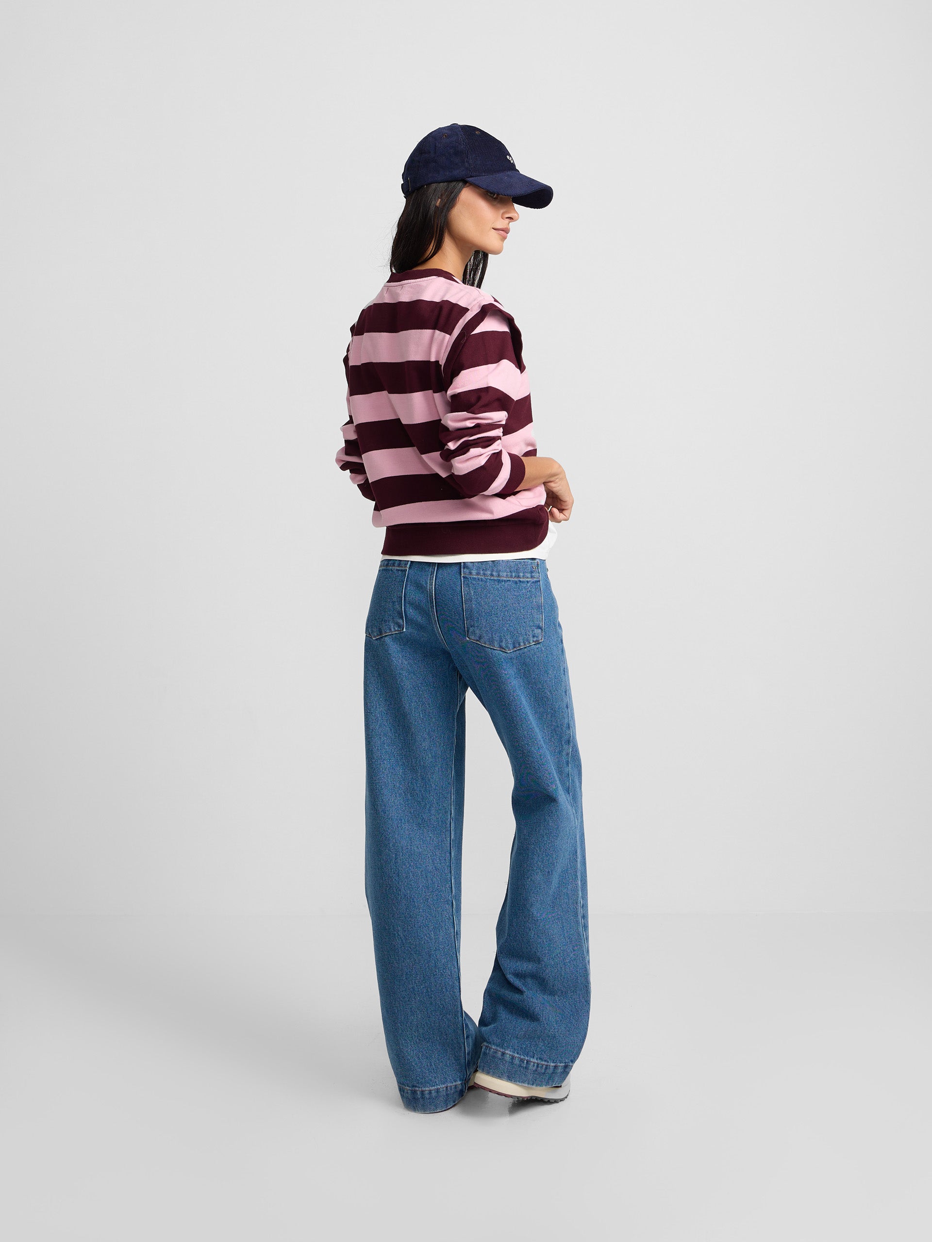 Sweat-shirt à épaulettes rayé rose et bordeaux