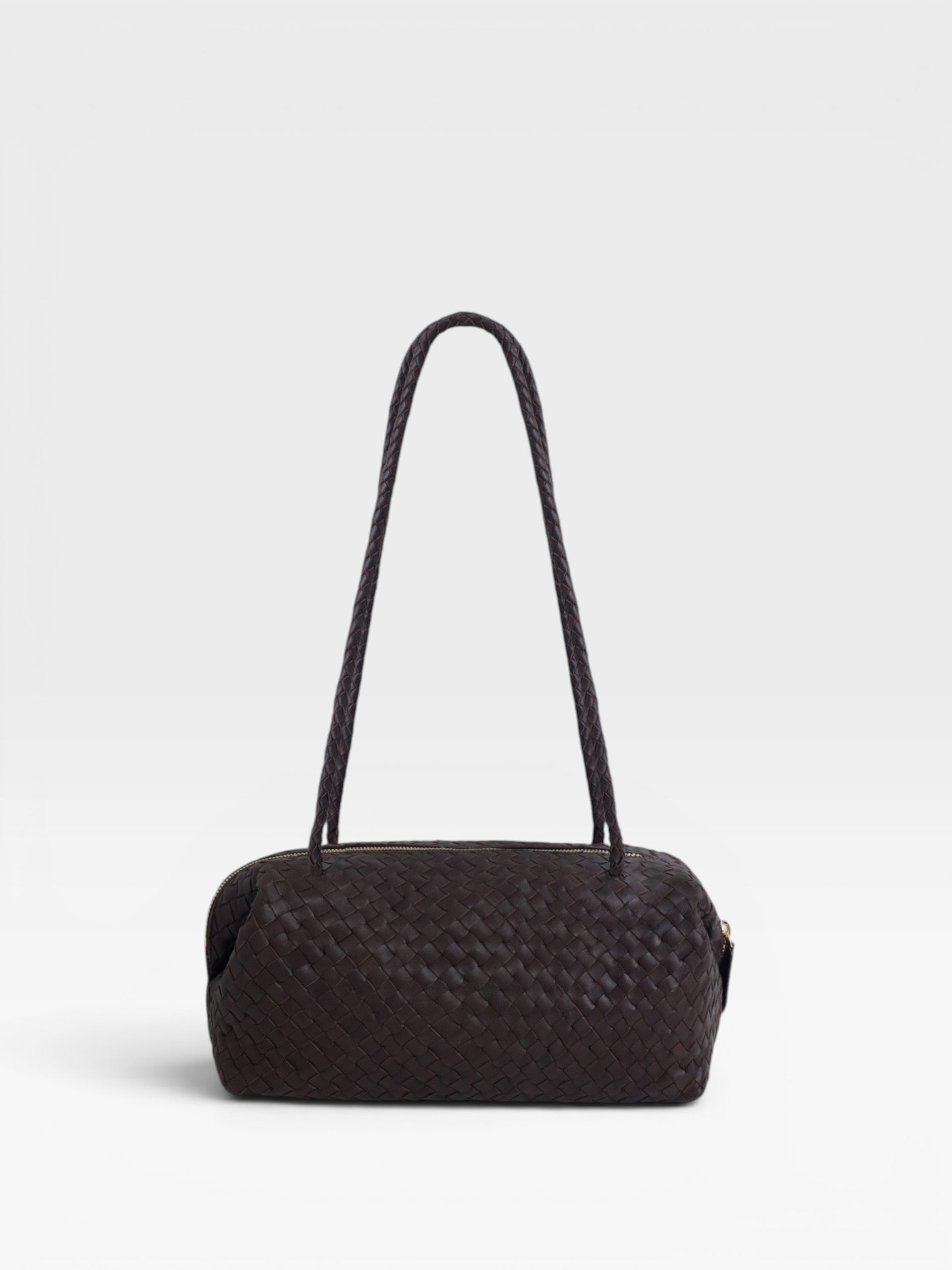 Elongated braided brown leather shoulder bag