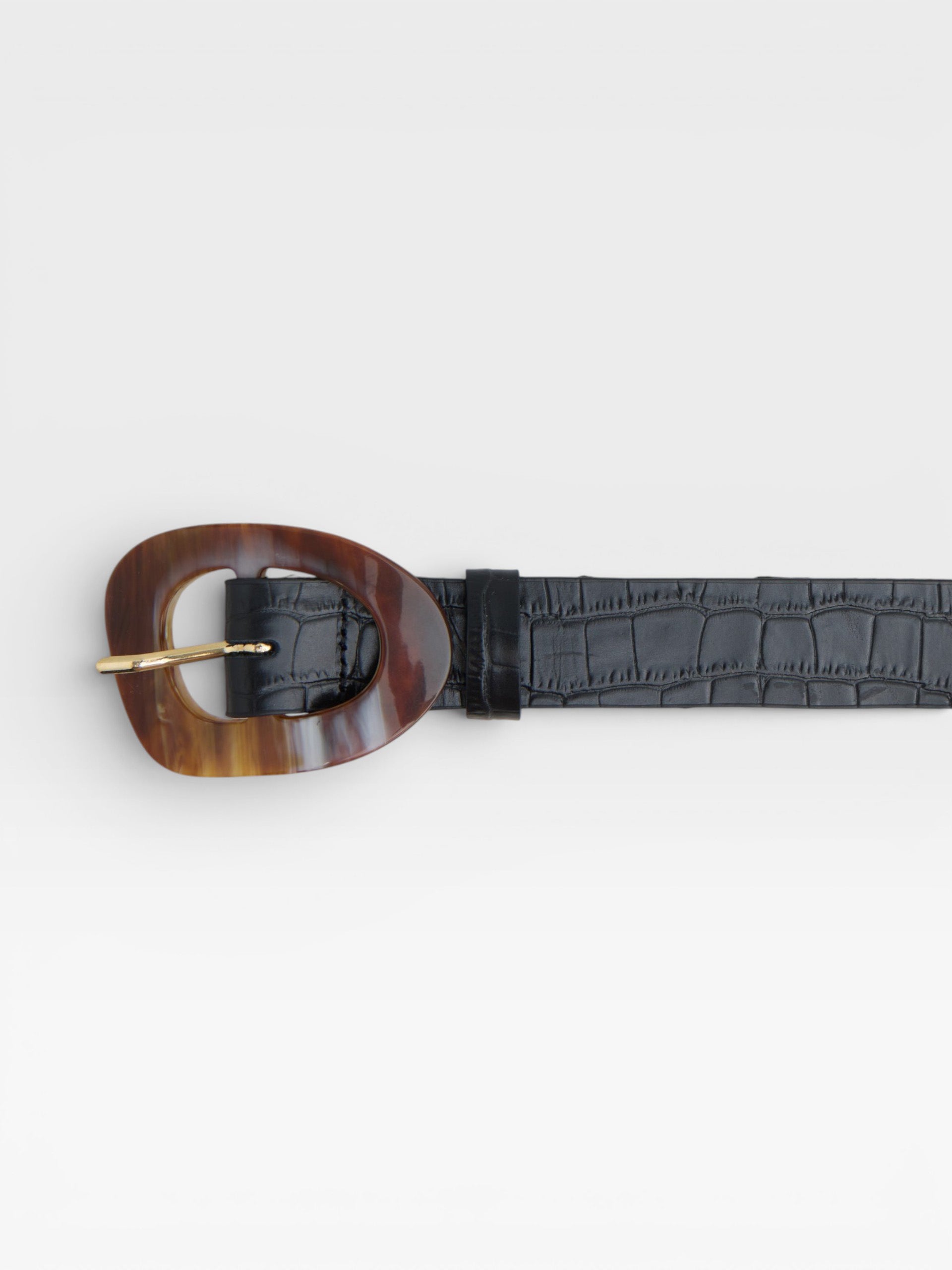 Black coco leather belt with tortoiseshell buckle