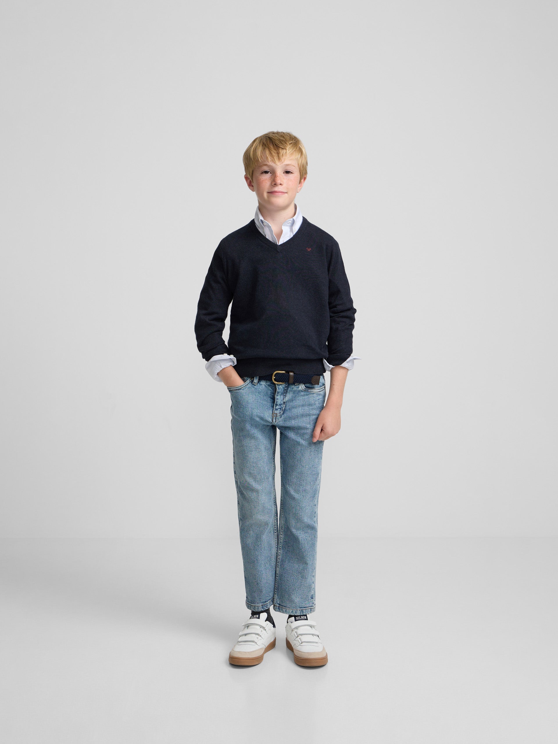 Pull enfant col en V bleu marine