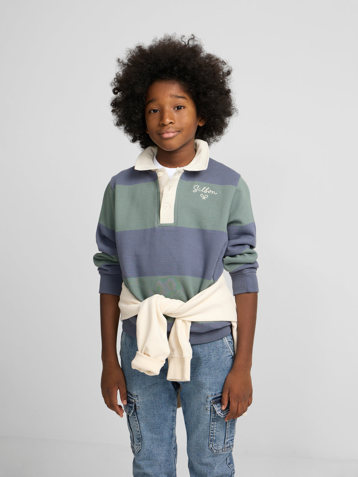 Sudadera kids cuello polo raya ancha verde oscuro