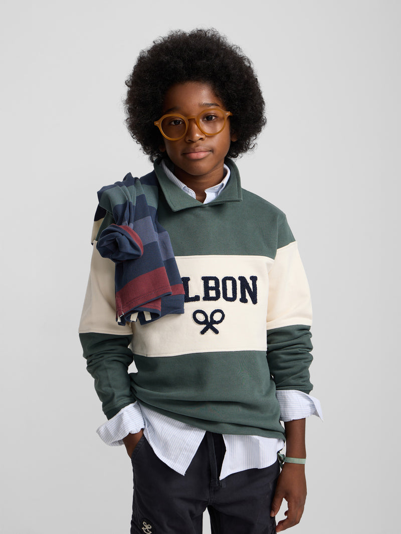 Sudadera kids cuello polo bloque verde oscuro