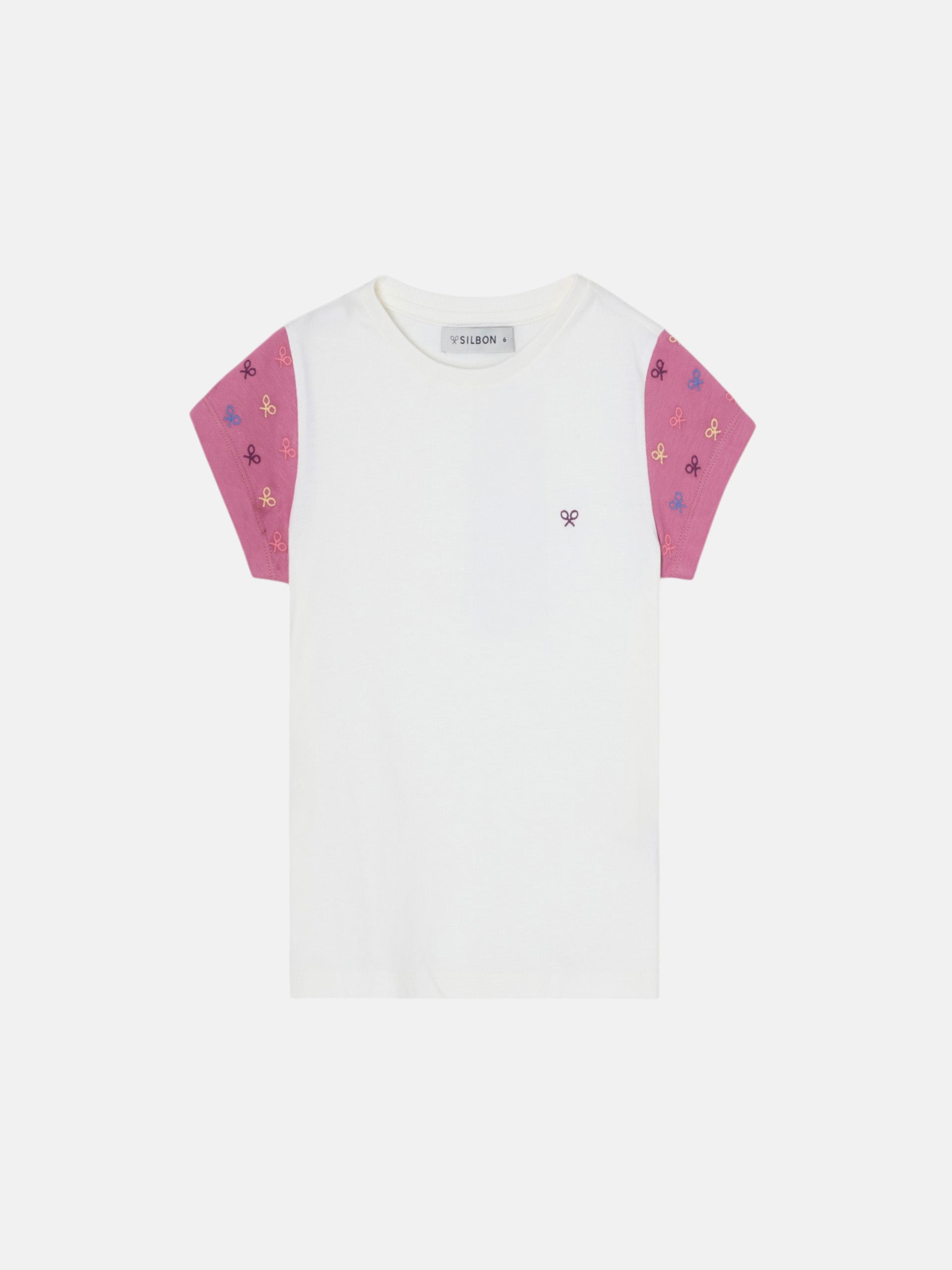 Girl's t-shirt with rackets, pink sleeves, white