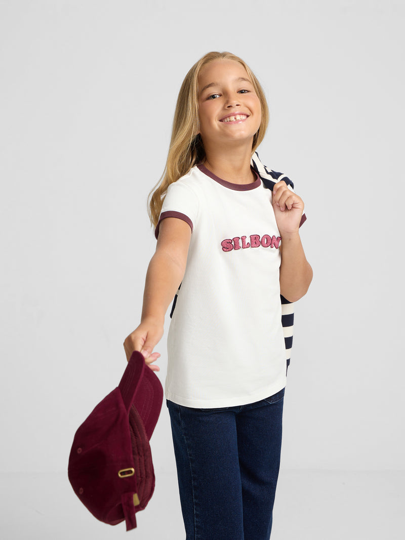 Camiseta girl silbon varsity crudo