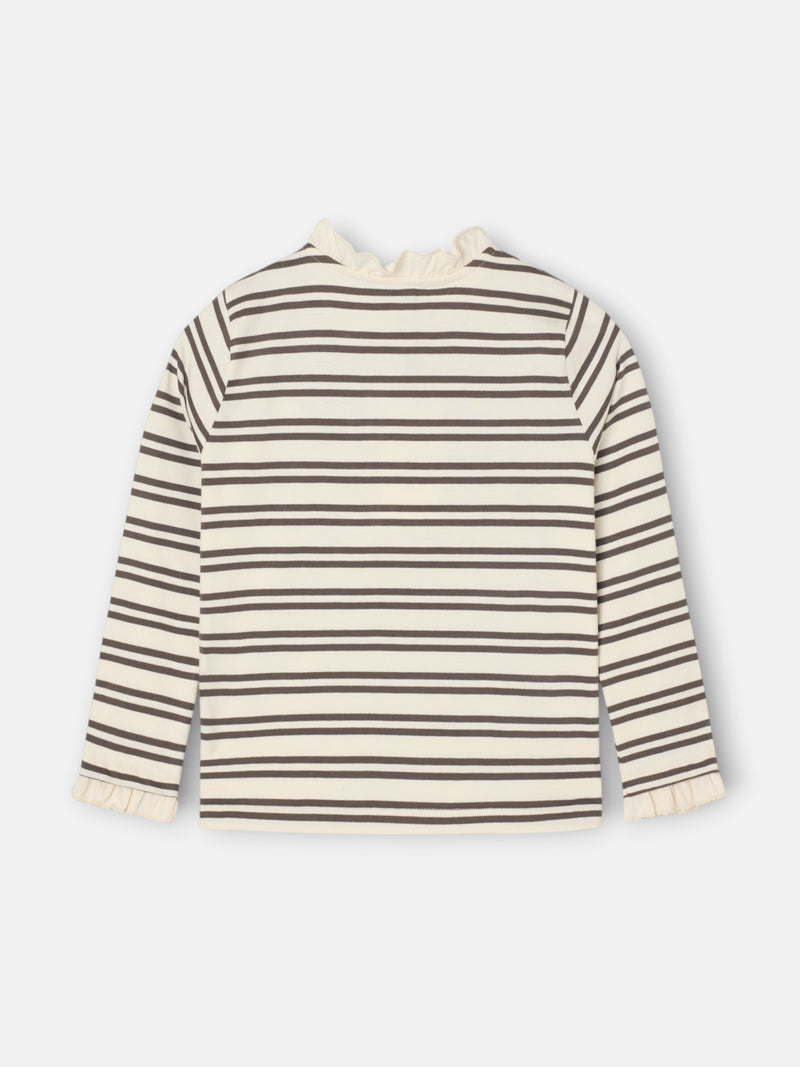 Camiseta girl cuello volante rayas camel y crudo
