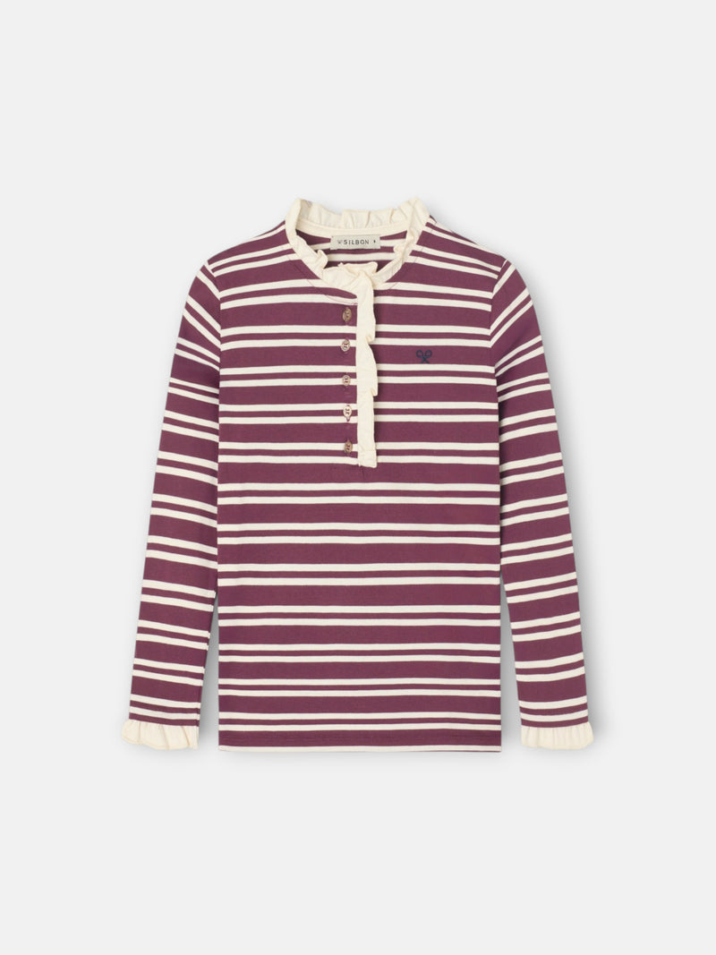 Camisola menina gola folhos riscas grená e cru