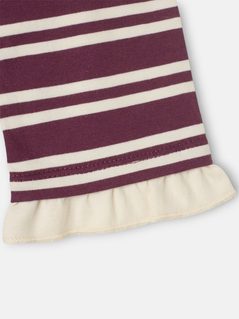 Camisola menina gola folhos riscas grená e cru
