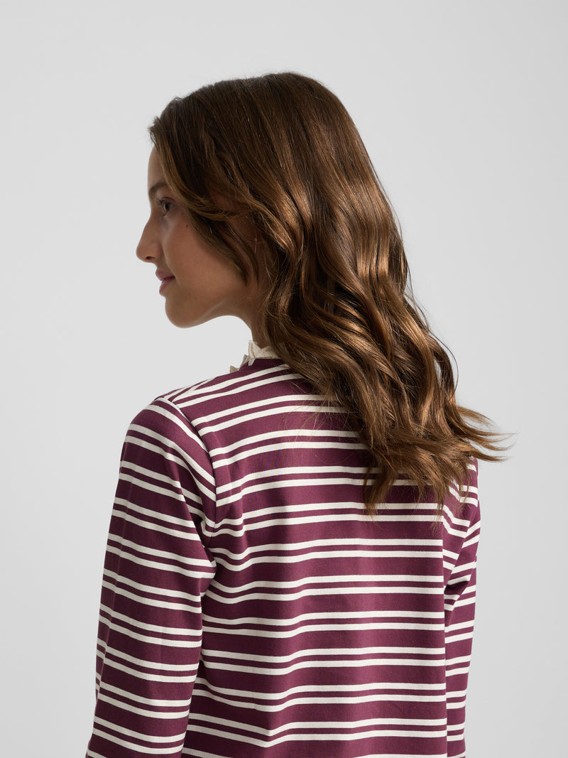 Camisola menina gola folhos riscas grená e cru