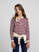 Camiseta girl cuello volante rayas granate y crudo