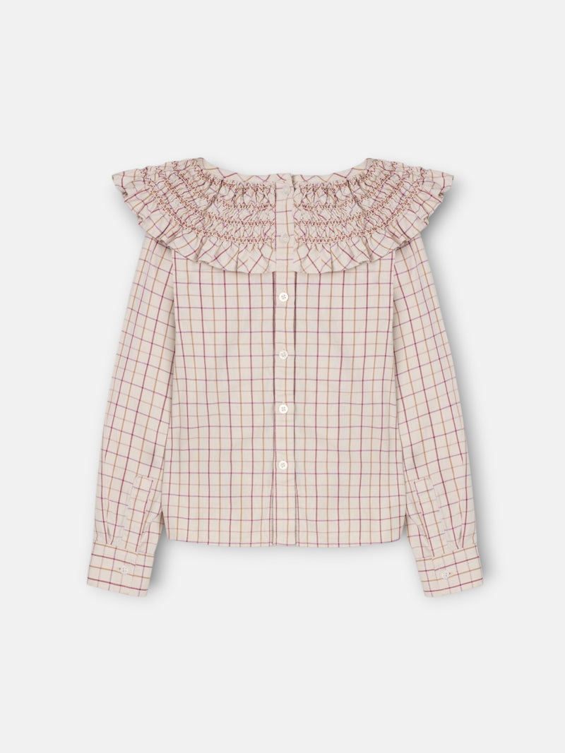 Blusa girl cuello volante cuadros beige