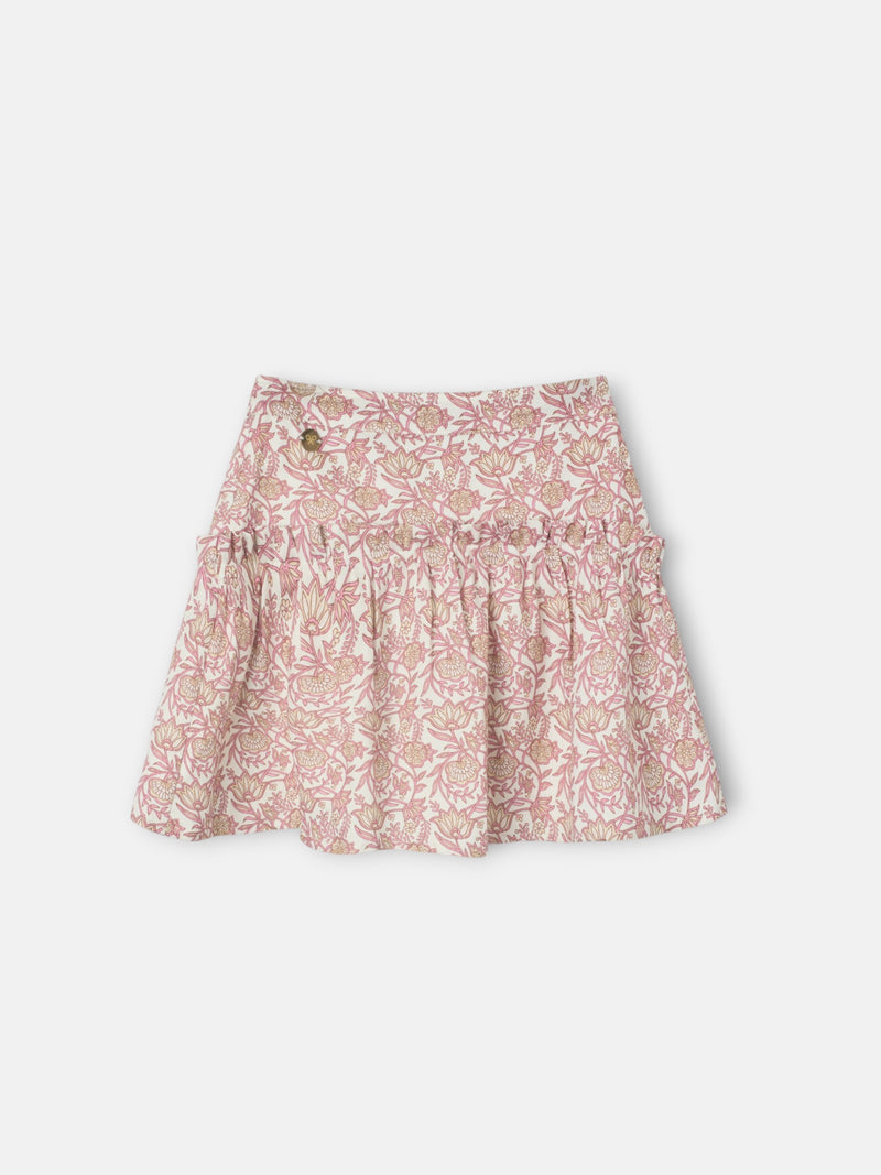 Saia de menina estampada com flores rosa e branco