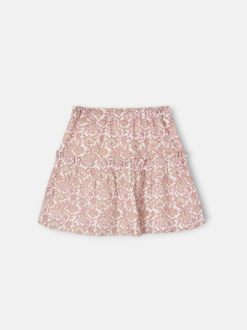 Saia de menina estampada com flores rosa e branco