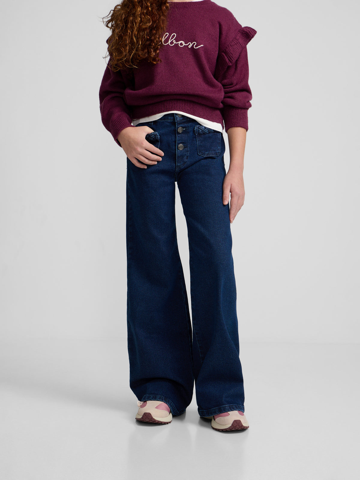 Pantalon fille poche tressée denim foncé