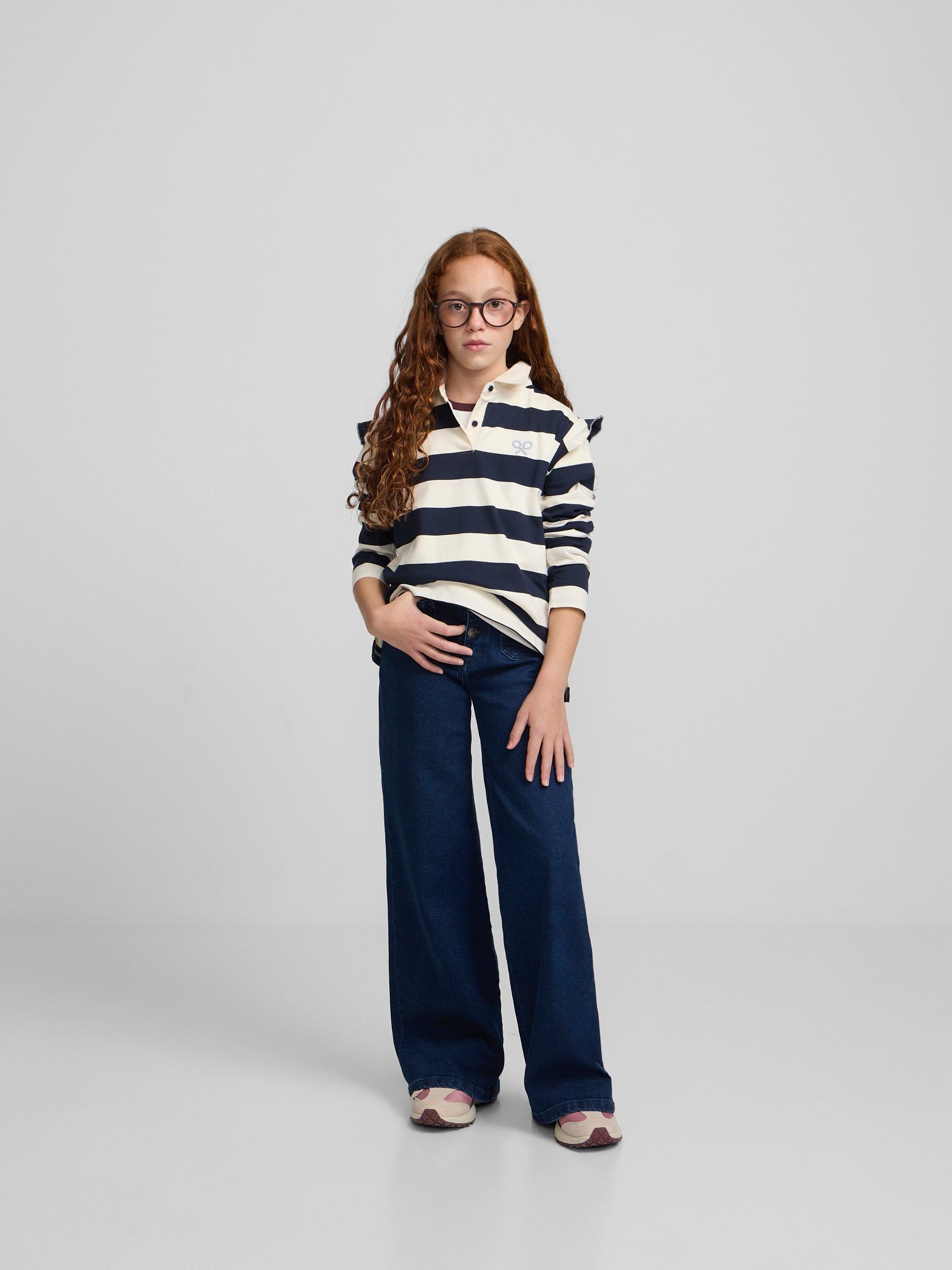 Polo fille à manches longues rayé bleu marine et écru