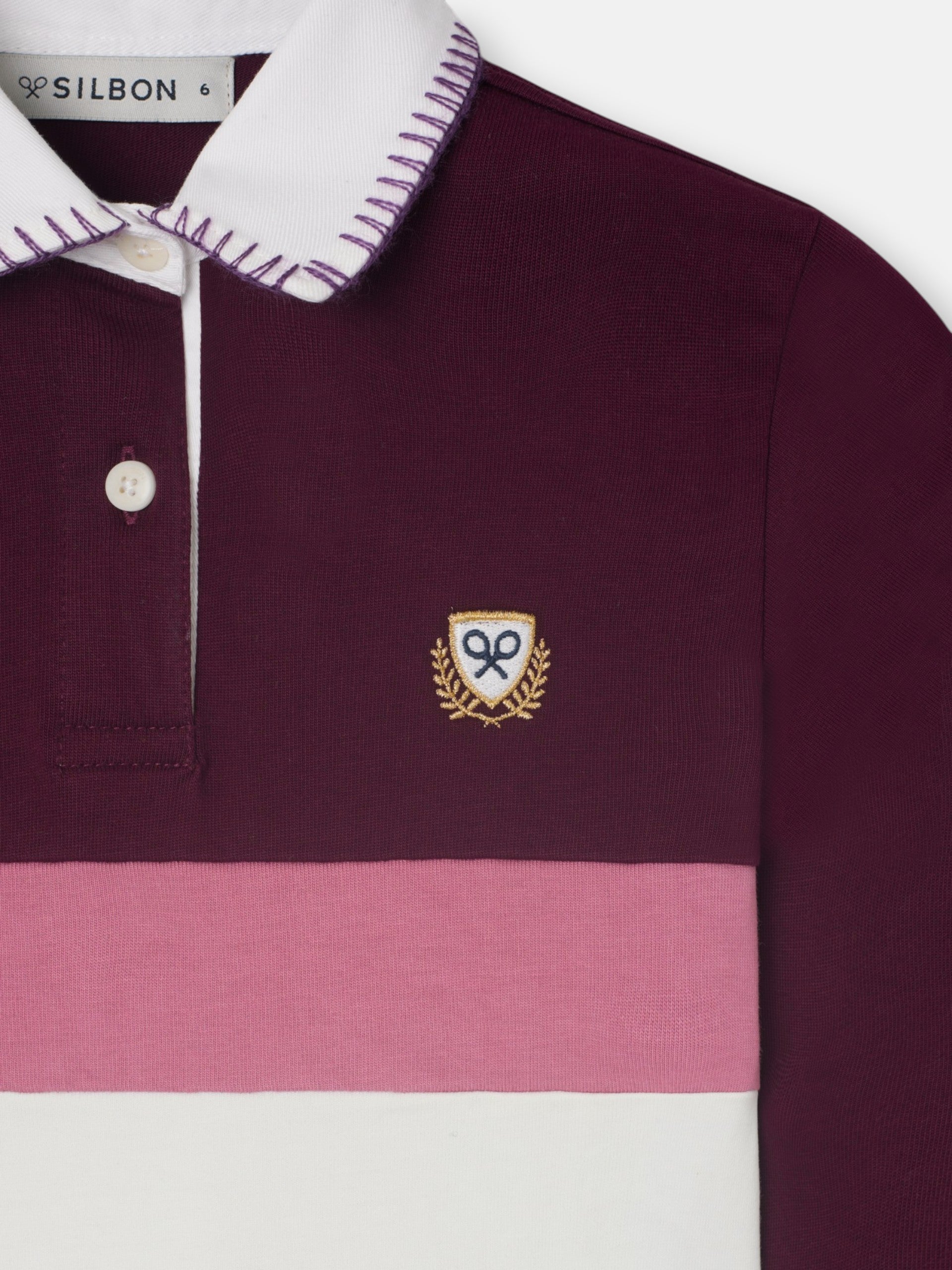 Pink and ecru tricolor long-sleeve polo shirt