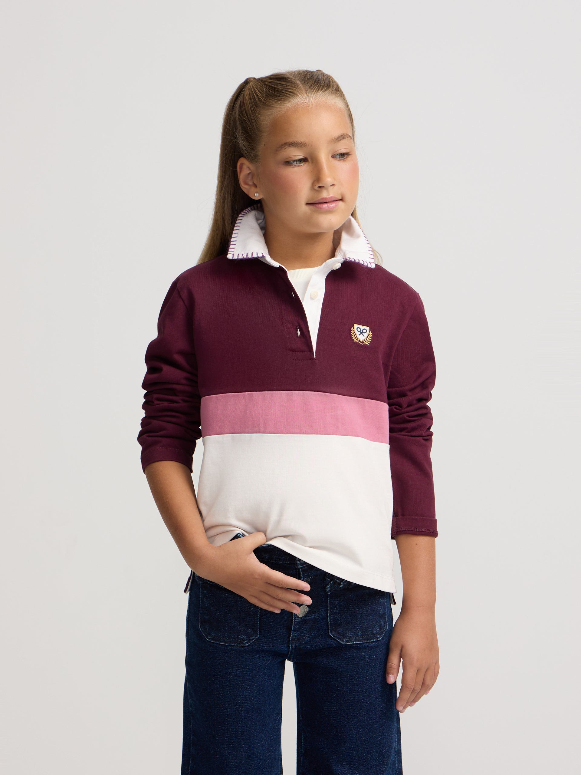 Polo girl manga larga tricolor rosa y crudo