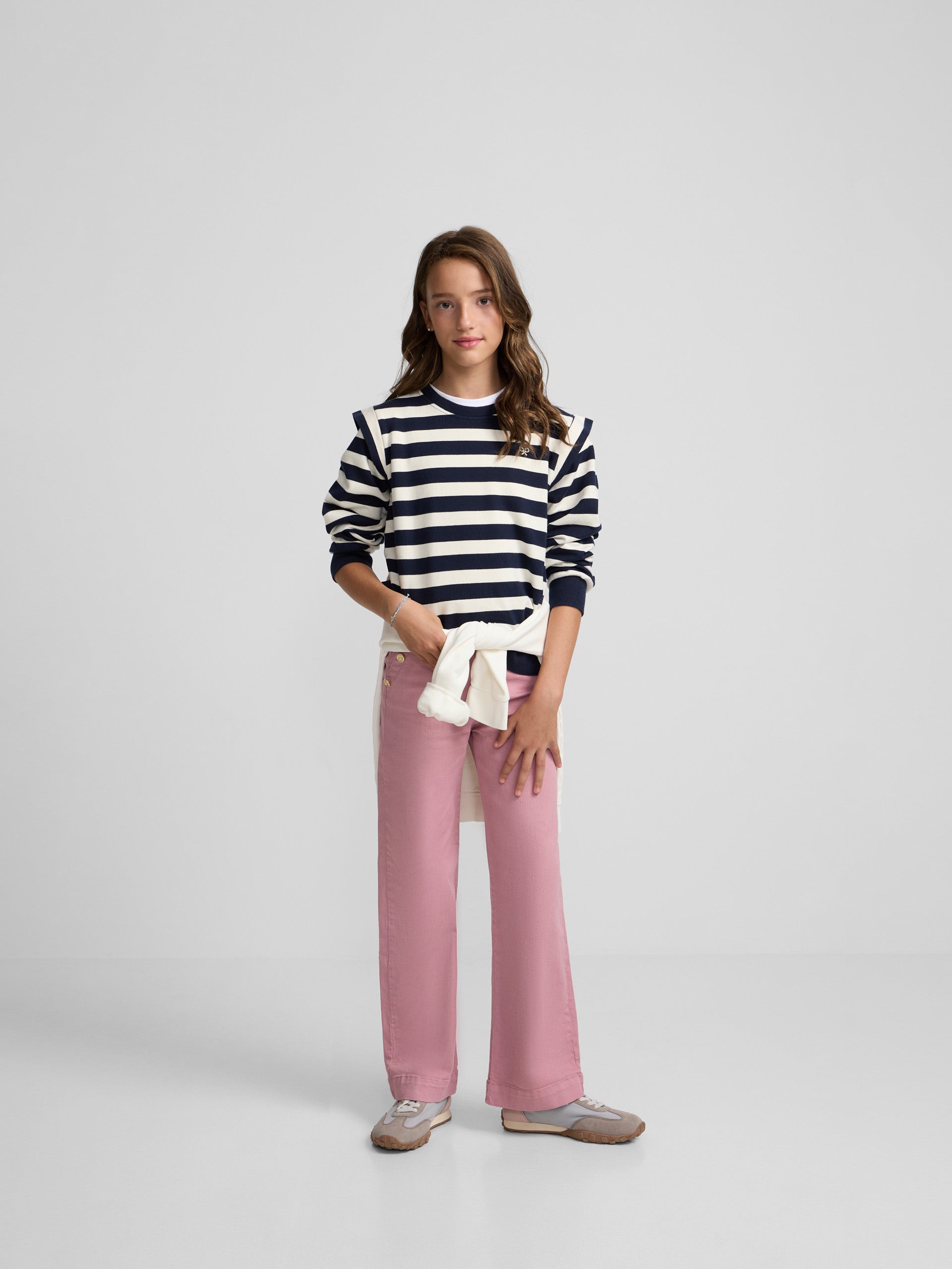 Girl's sweatshirt with shoulder pads, navy and ecru stripes