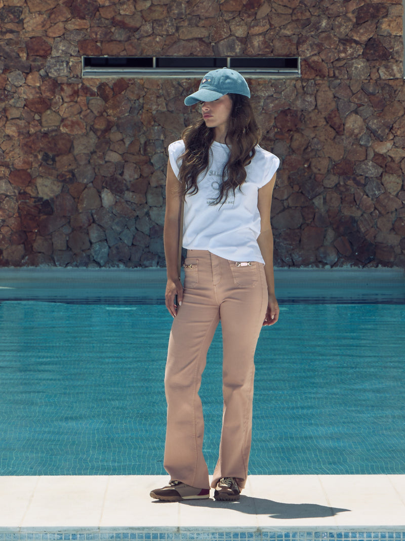 Pantalon denim hebillas coral