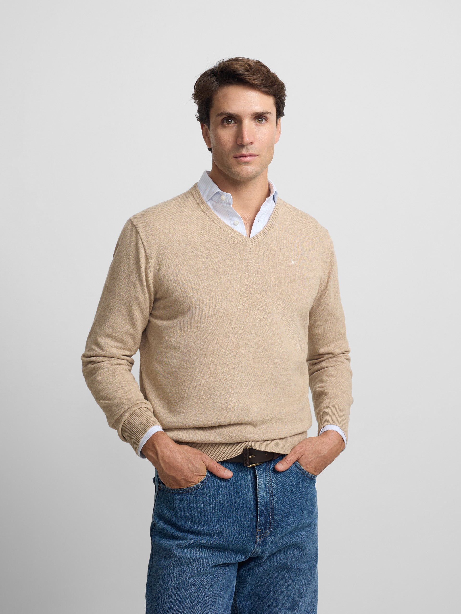 plain light brown V-neck sweater