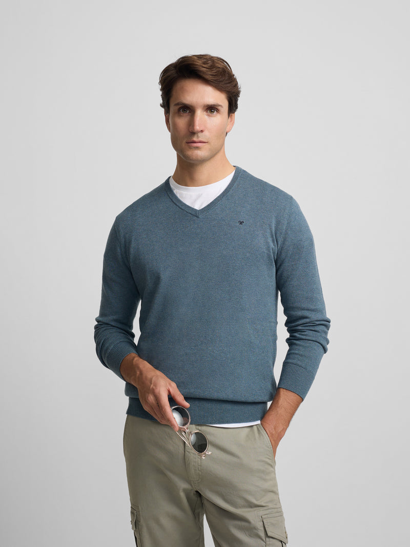 Camisola lisa de decote em bico azul claro