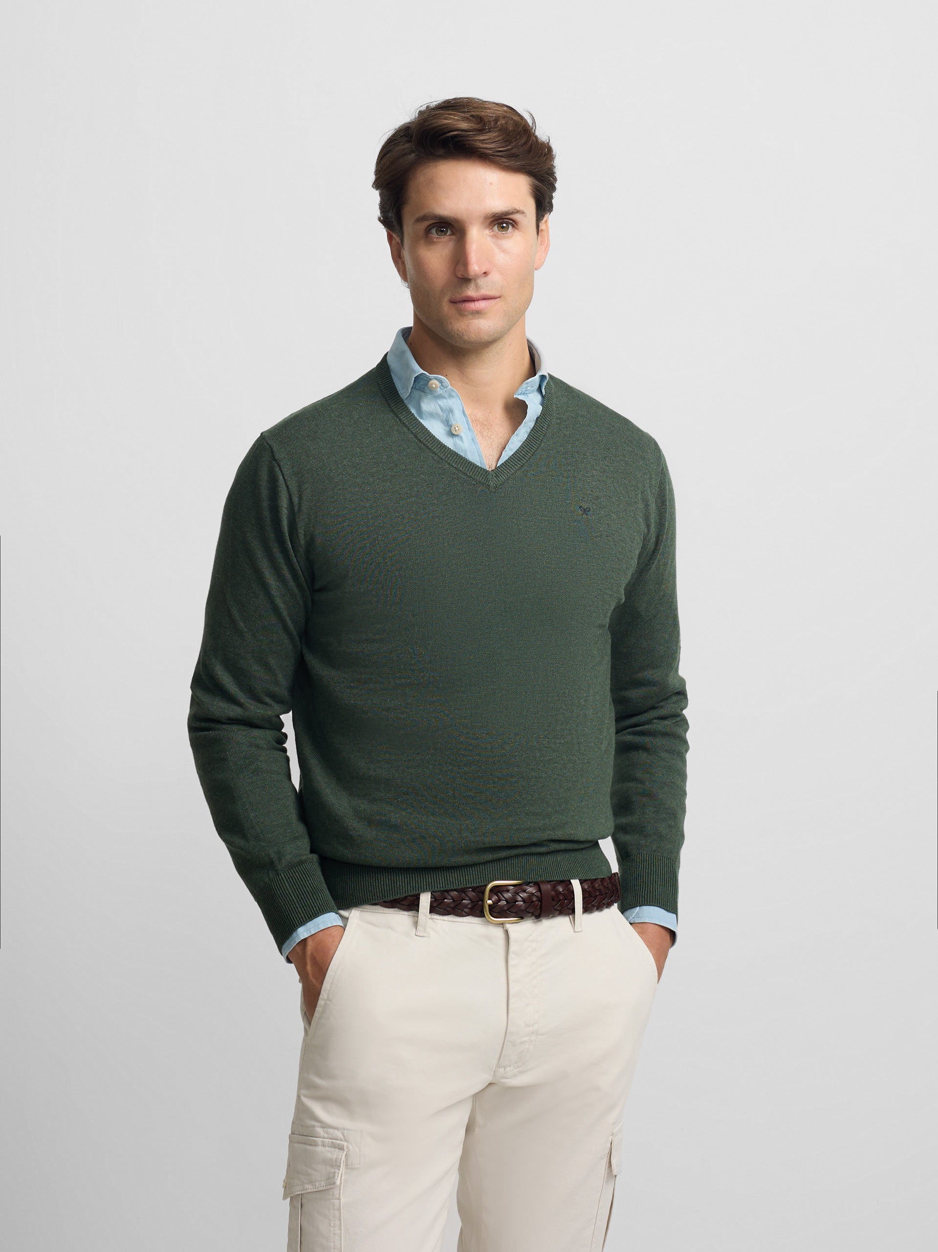 Camisola lisa de decote em bico verde escuro