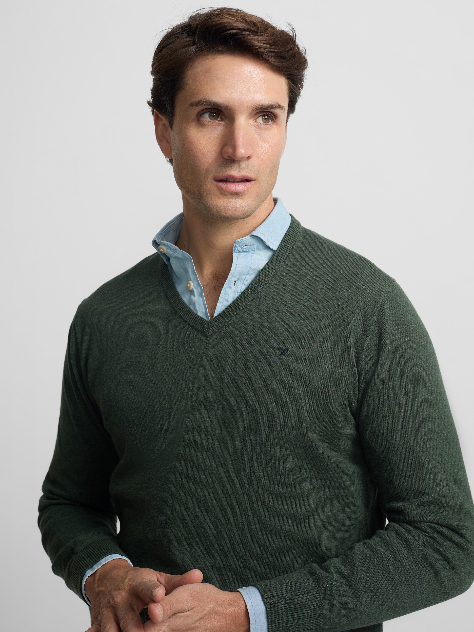 Camisola lisa de decote em bico verde escuro