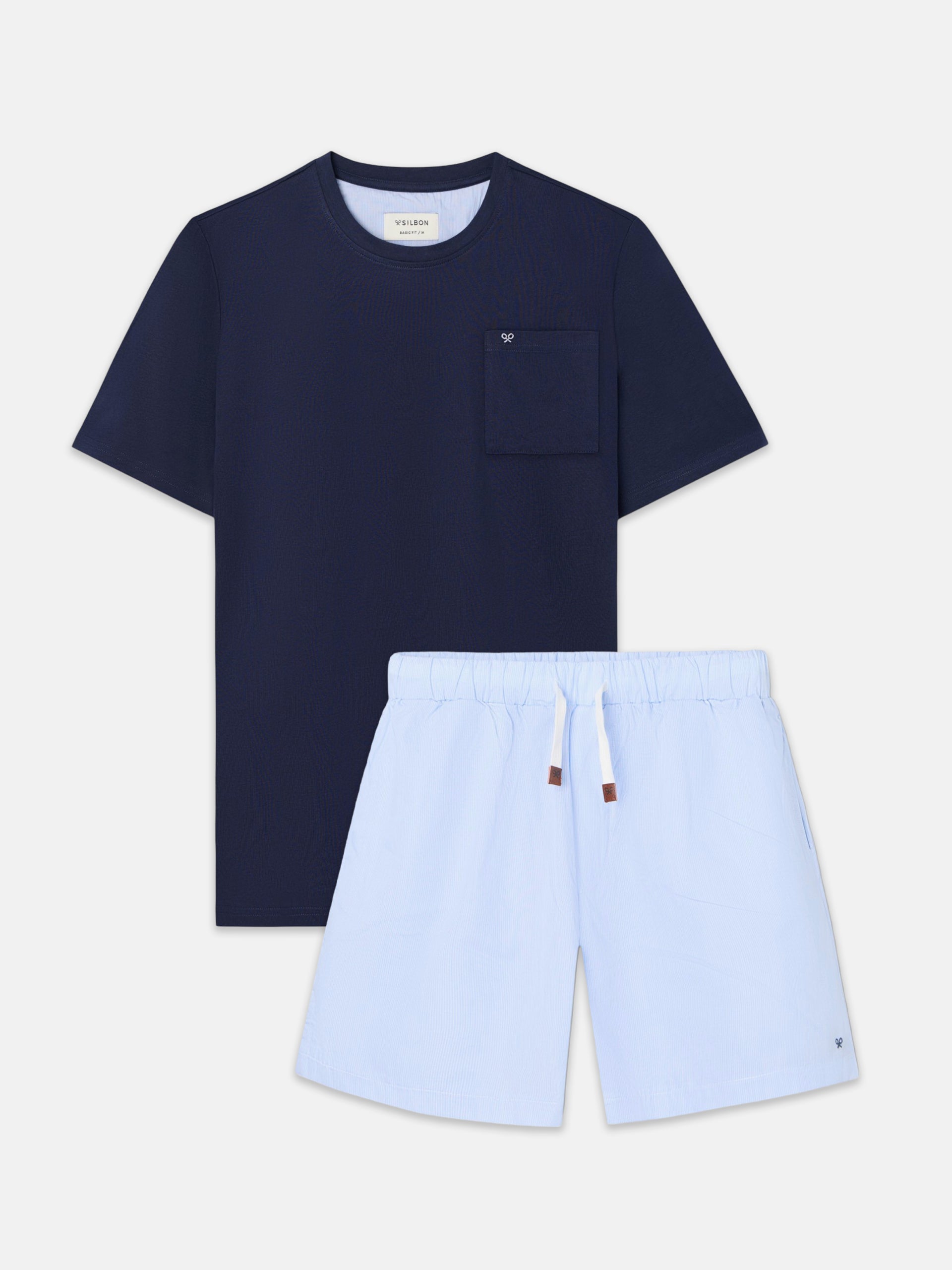 Pijama curto com bolso às riscas azul-marinho