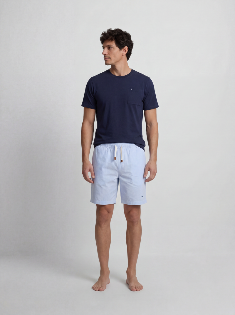 Short pajamas with navy blue striped pocket