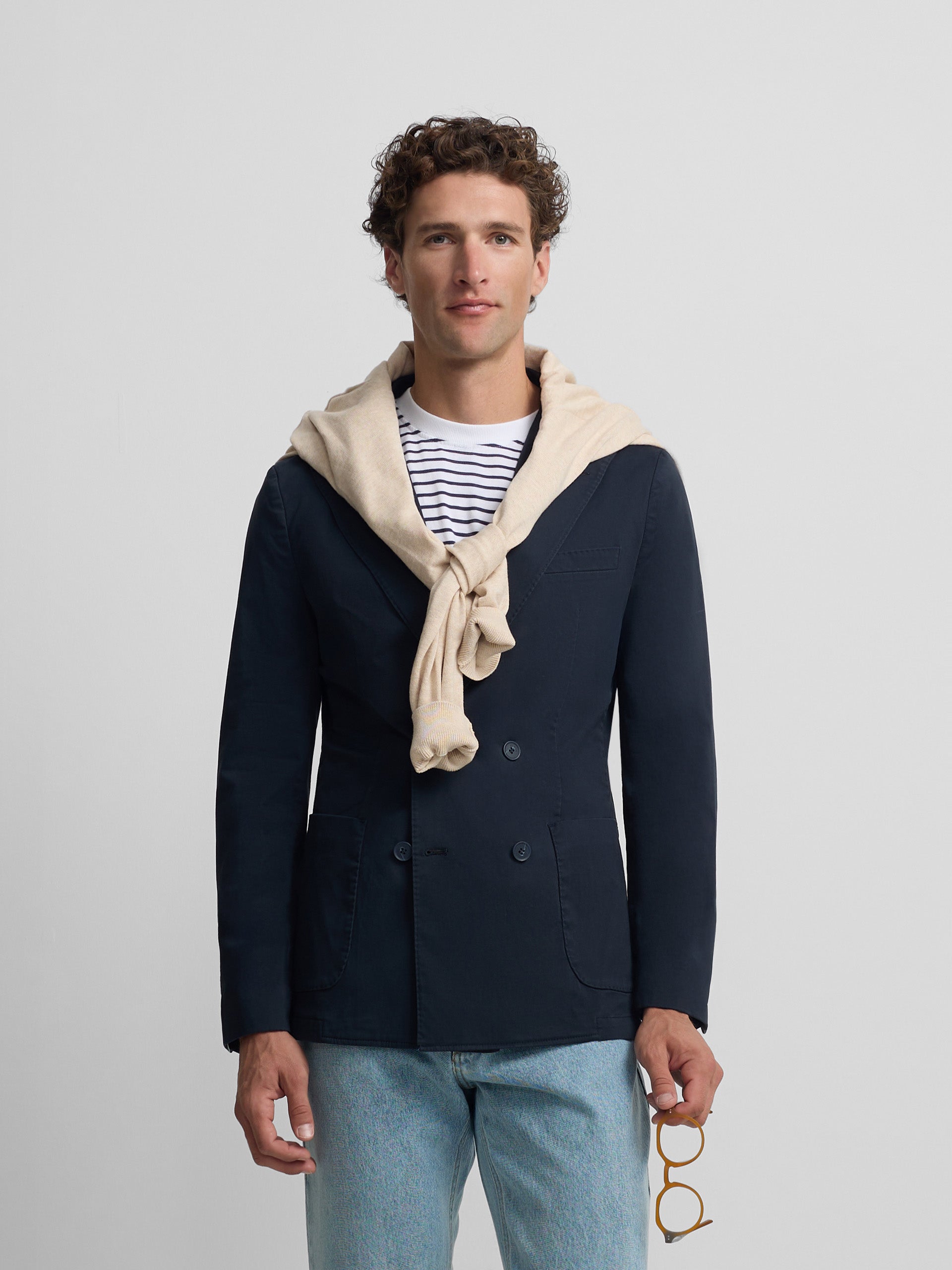 Navy blue casual double-breasted blazer