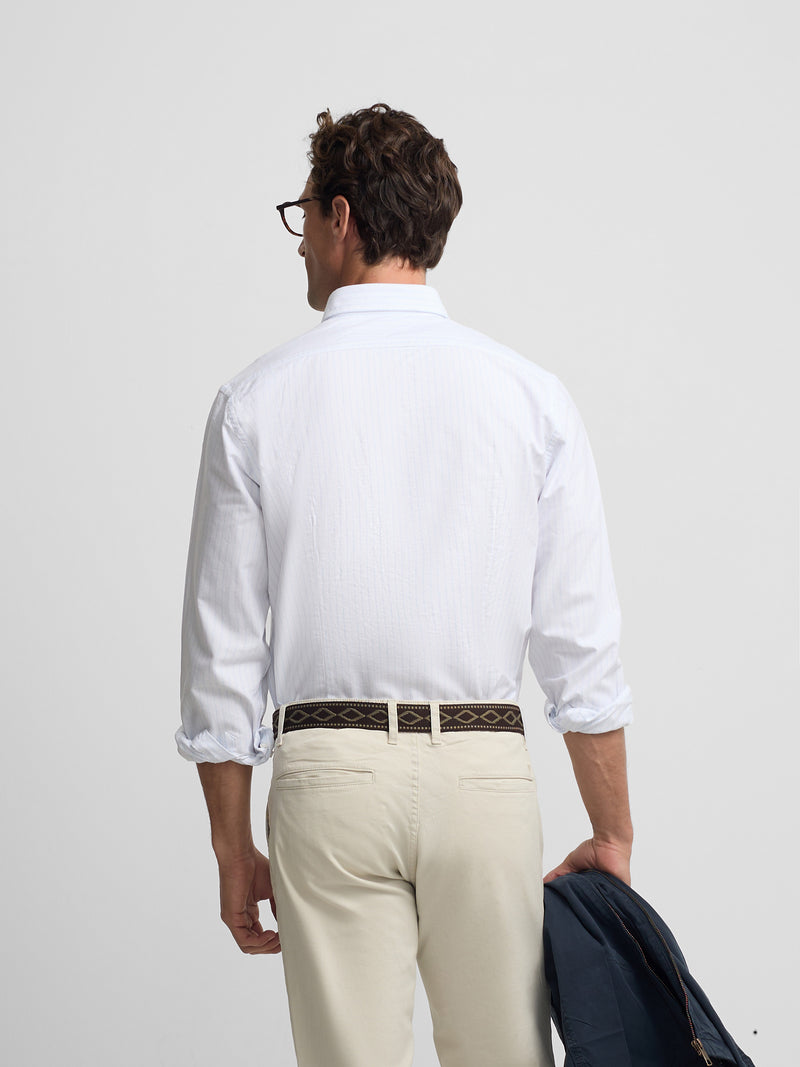 Camisa sport oxford riscas azul-claro branca