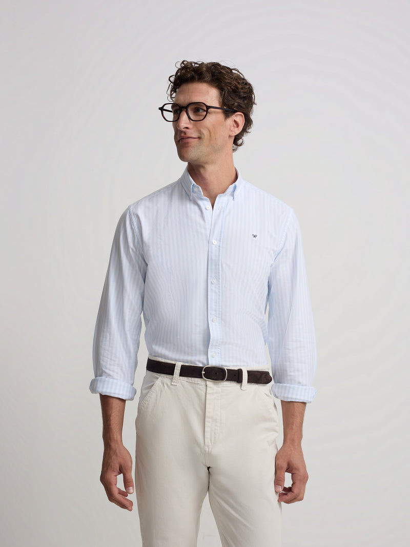 Camisa sport oxford risca média azul celeste