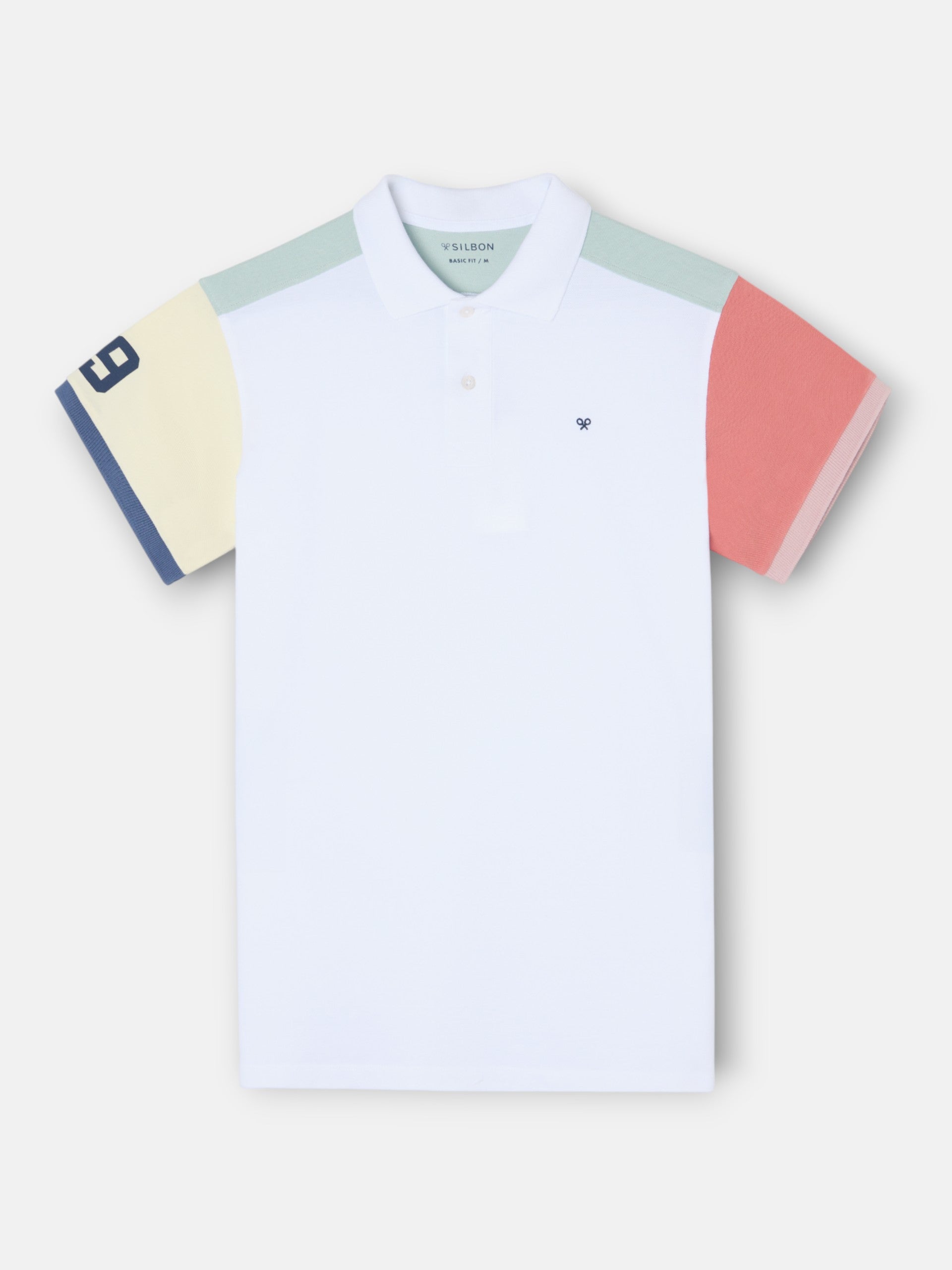 Short-sleeved polo shirt with white multicolored trim