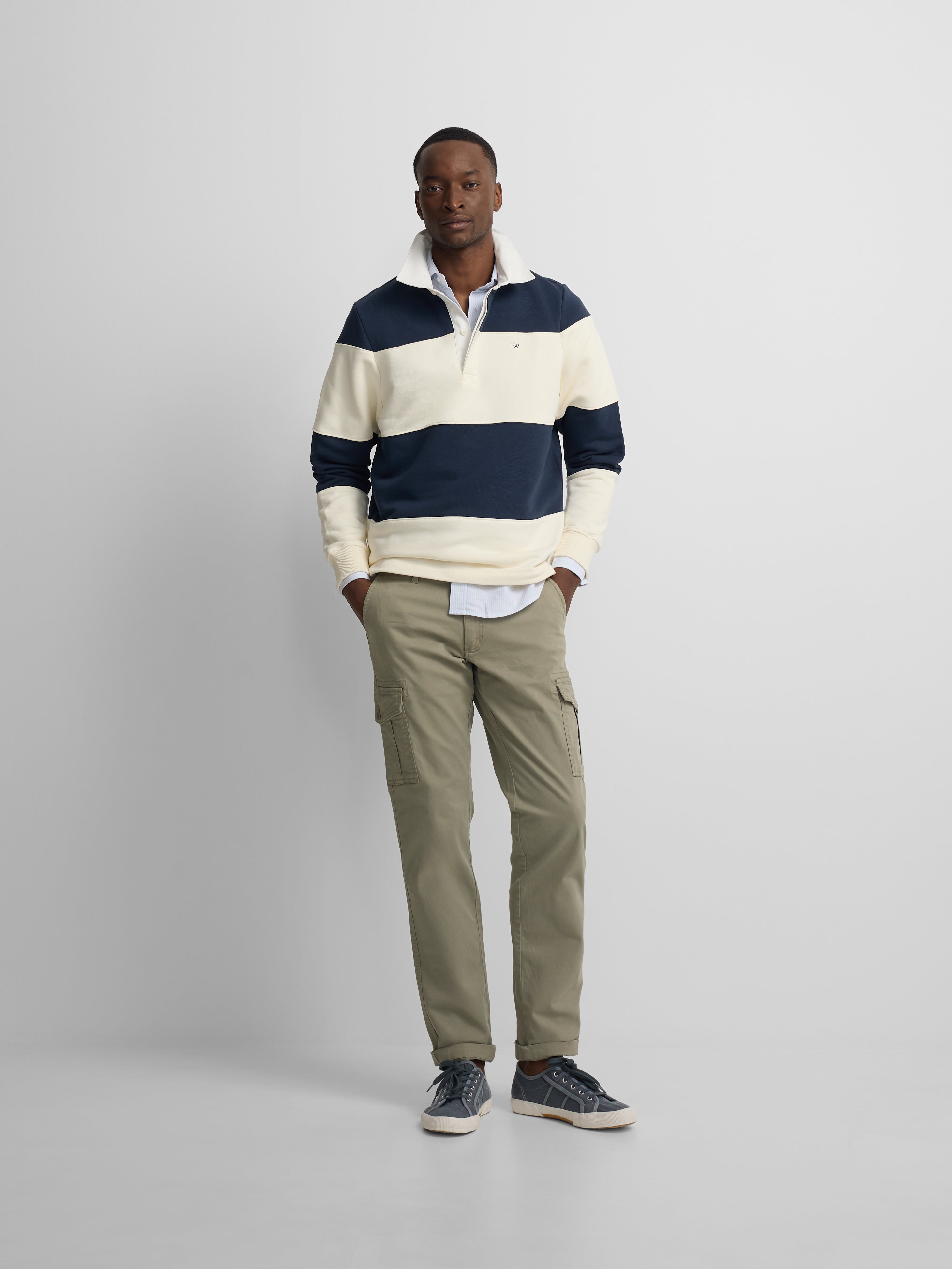 Navy blue wide striped polo neck sweatshirt