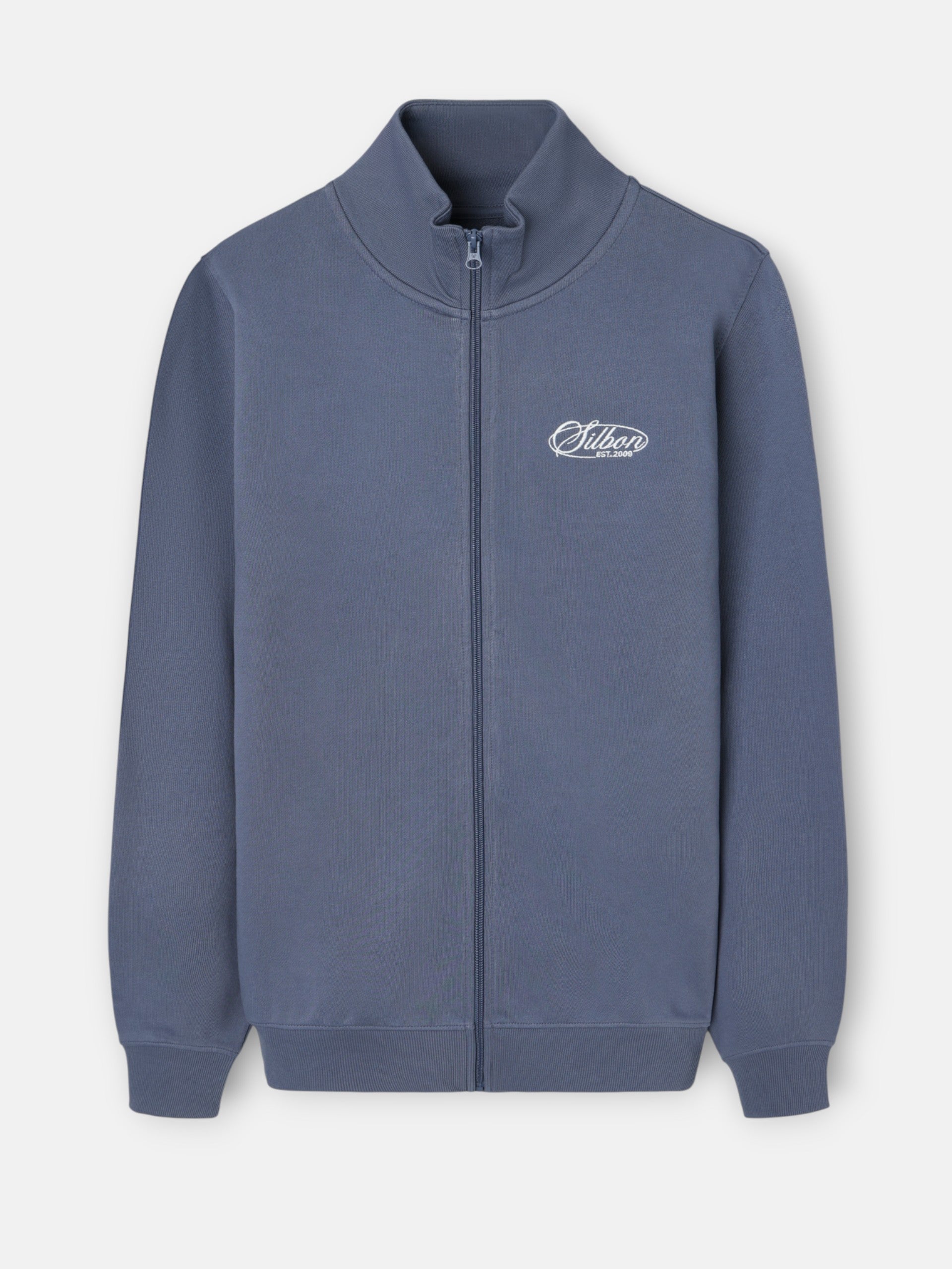 Indigo blue embroidered zip-up sweatshirt