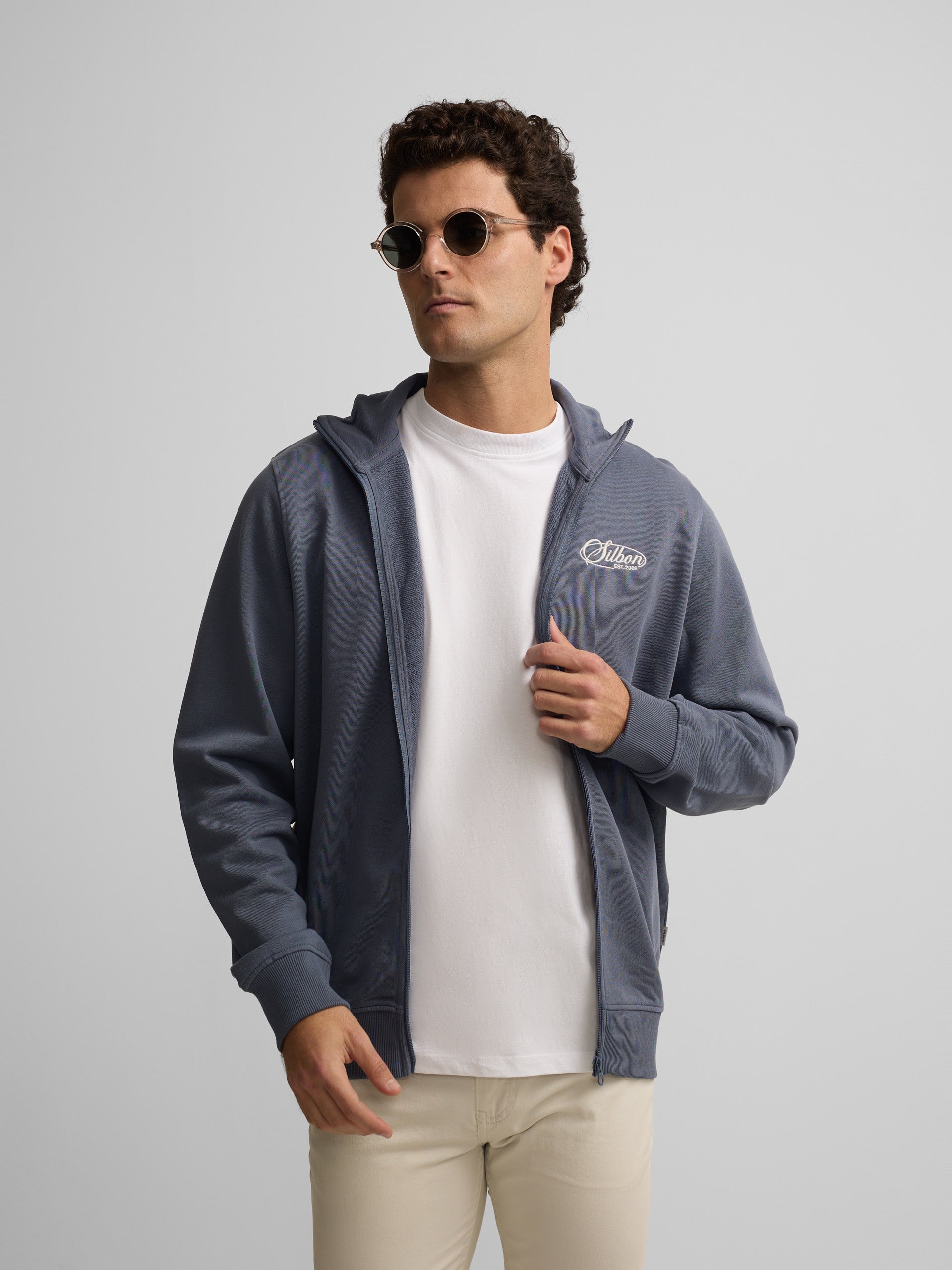 Indigo blue embroidered zip-up sweatshirt