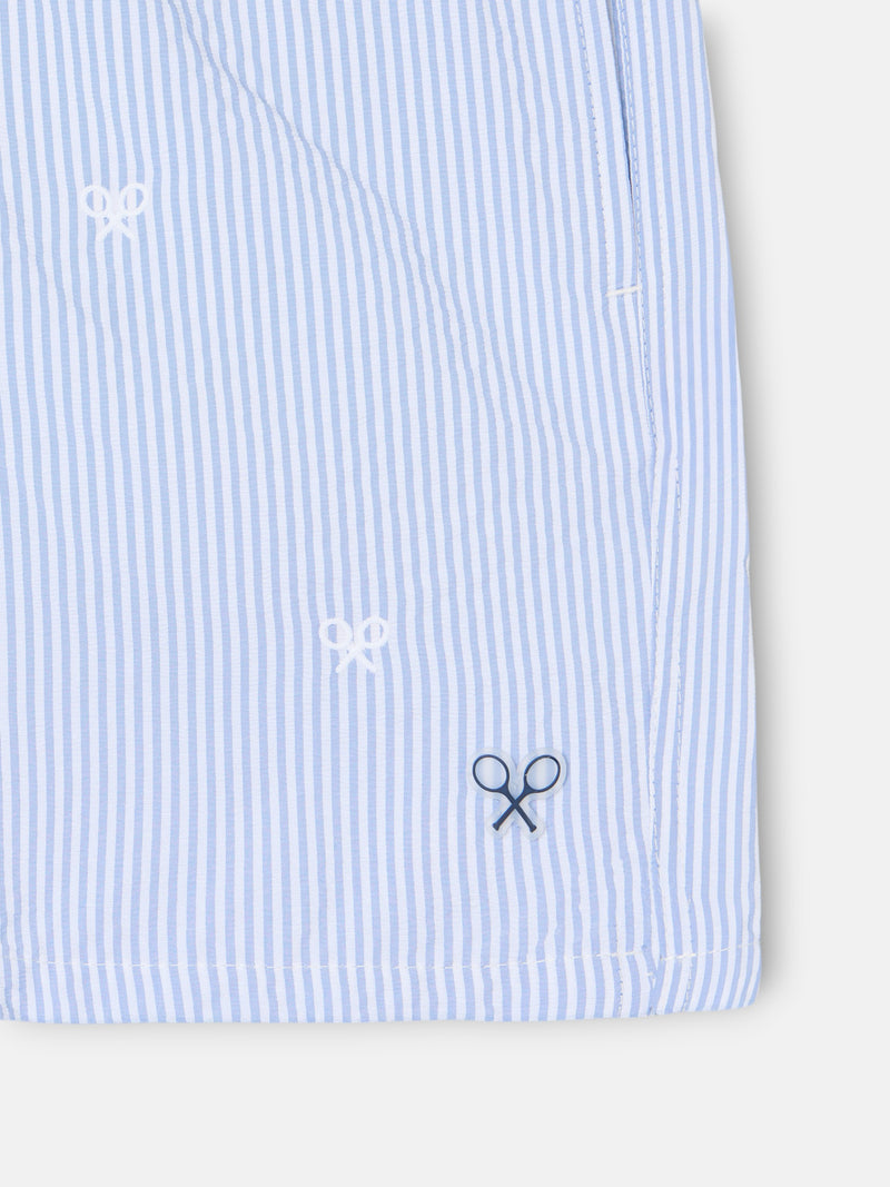 Light blue fine striped swimsuit with logo