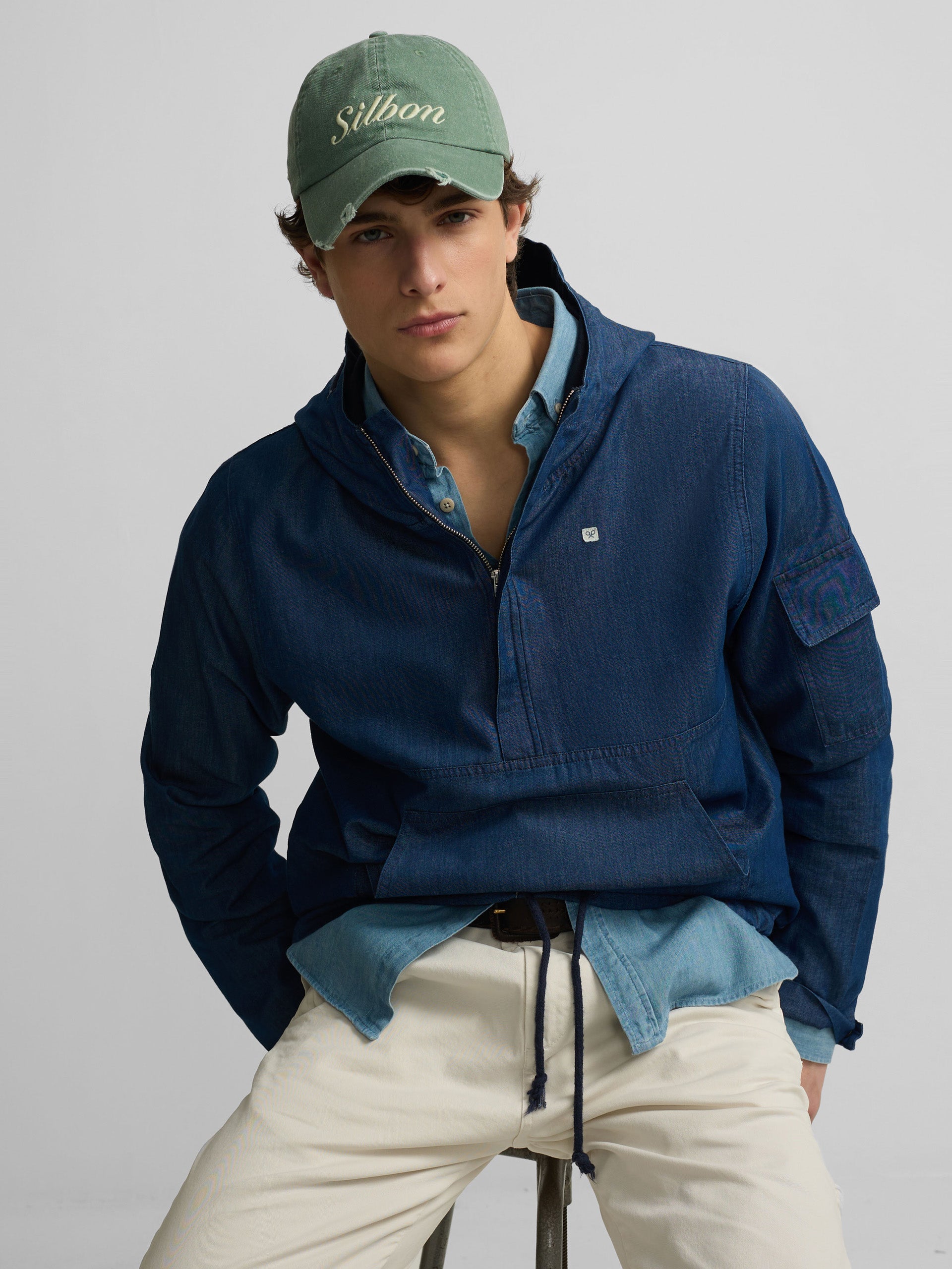 Blue hooded denim windbreaker