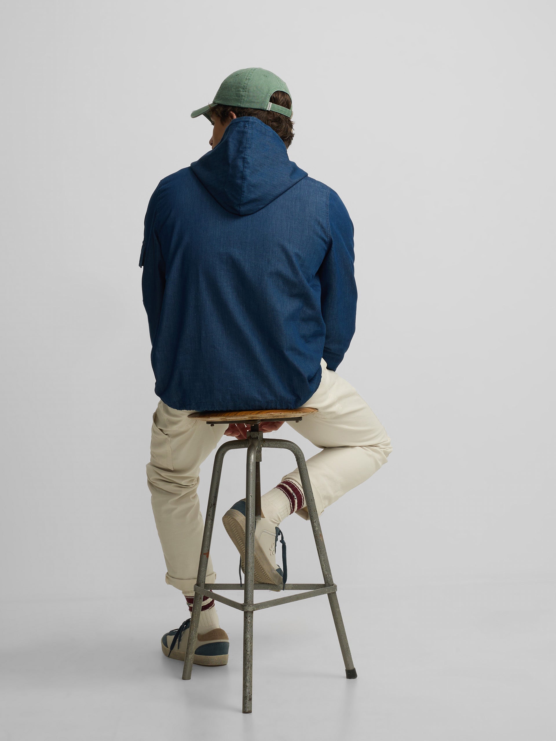 Blue hooded denim windbreaker