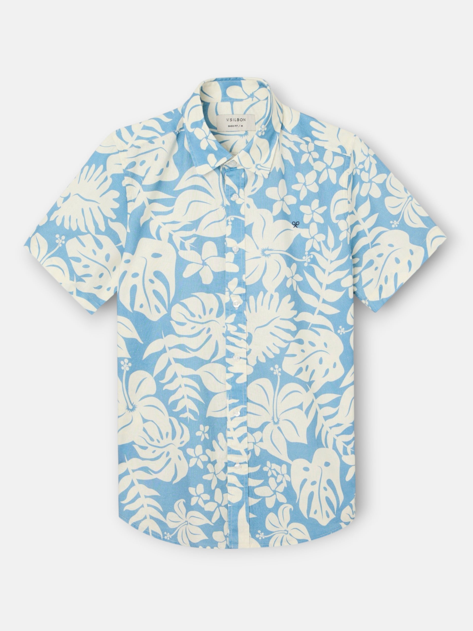 Chemise à manches courtes en lin imprimé bleu
