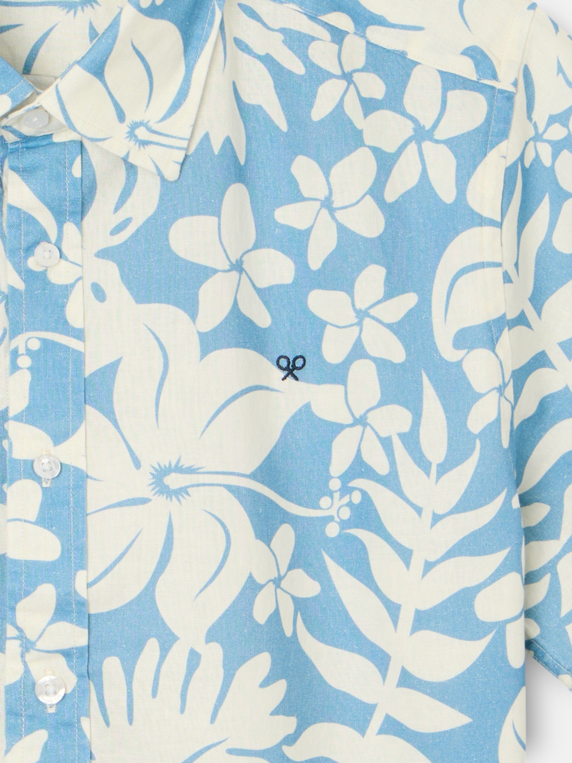 Chemise à manches courtes en lin imprimé bleu