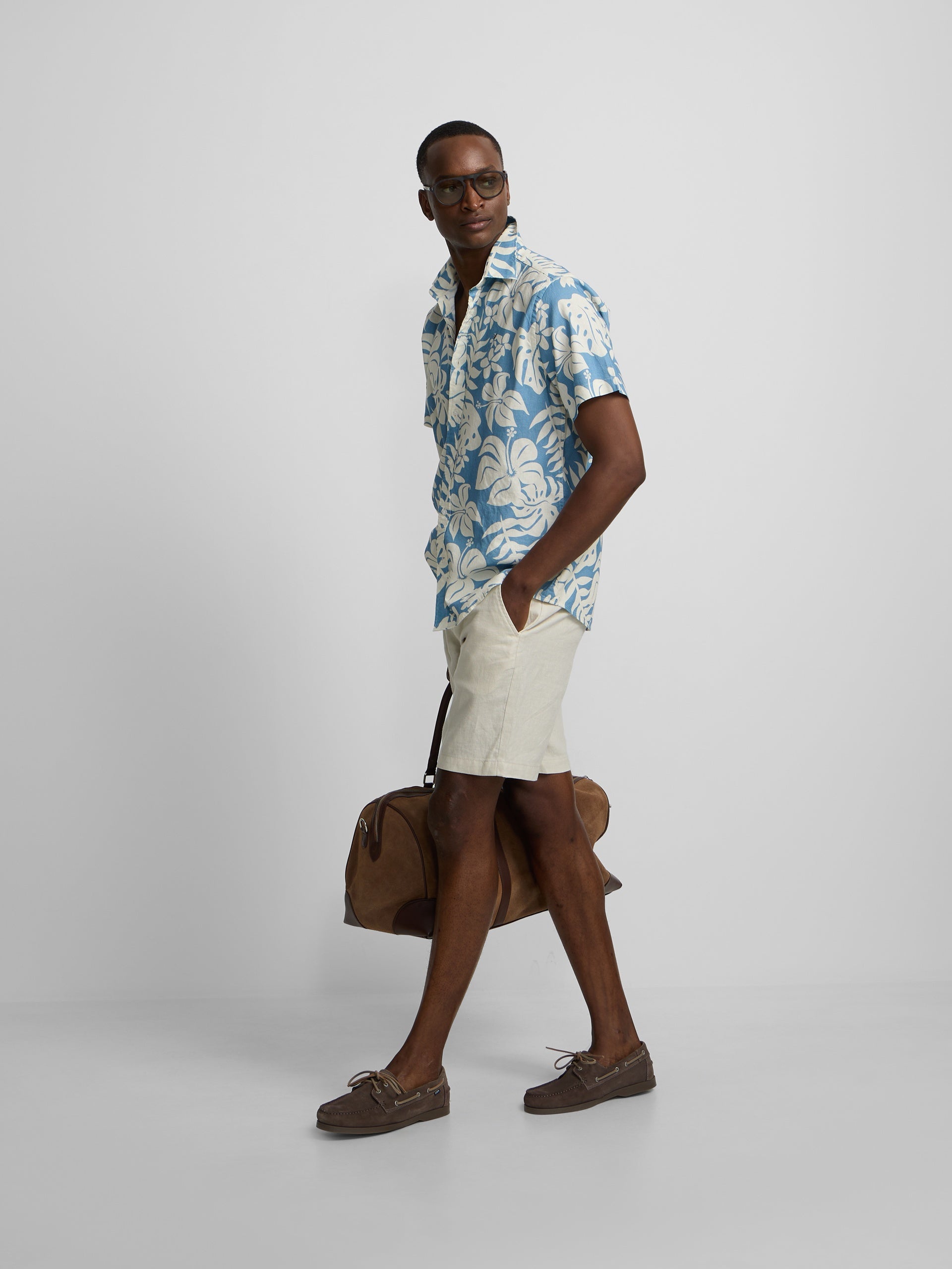 Chemise à manches courtes en lin imprimé bleu