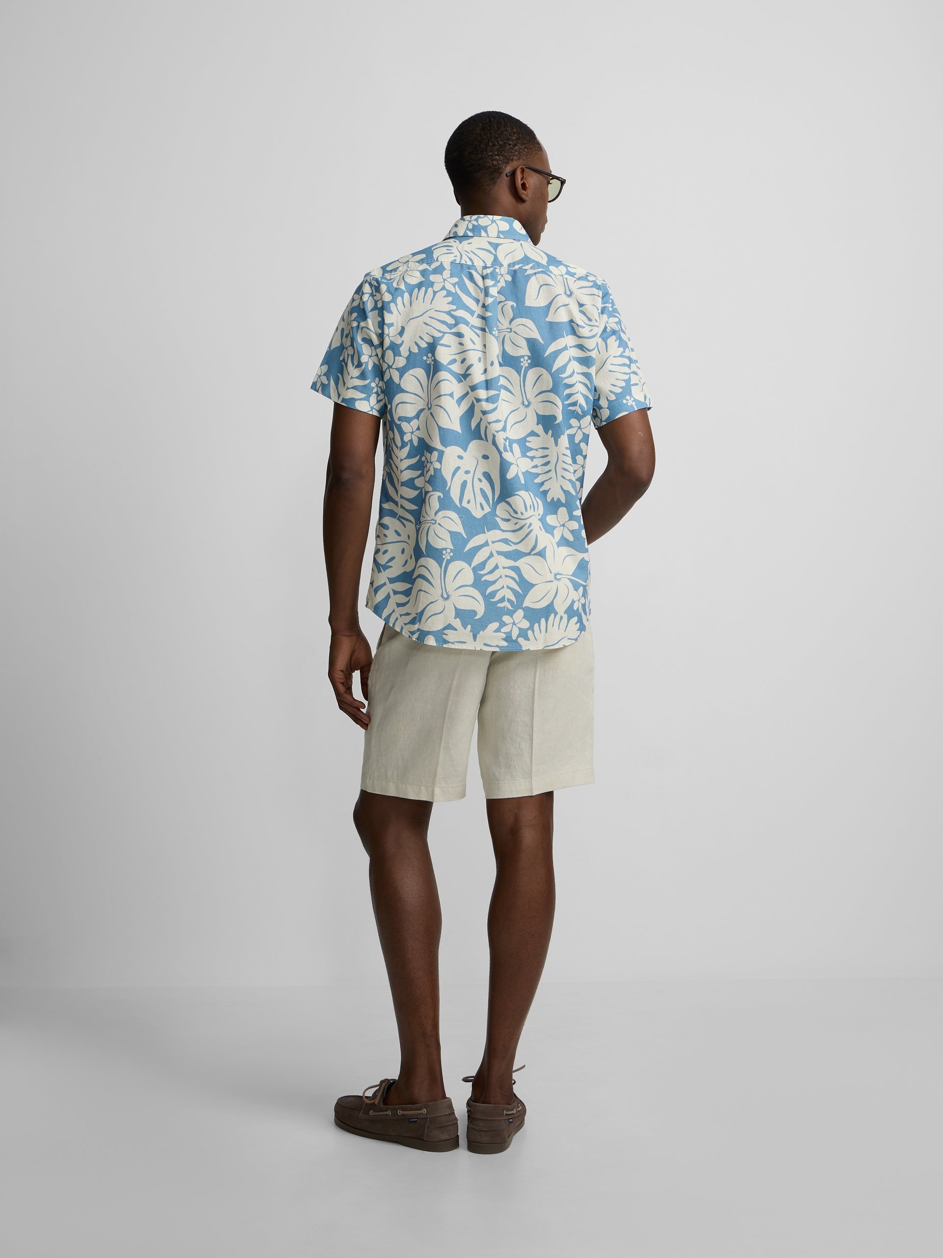 Chemise à manches courtes en lin imprimé bleu
