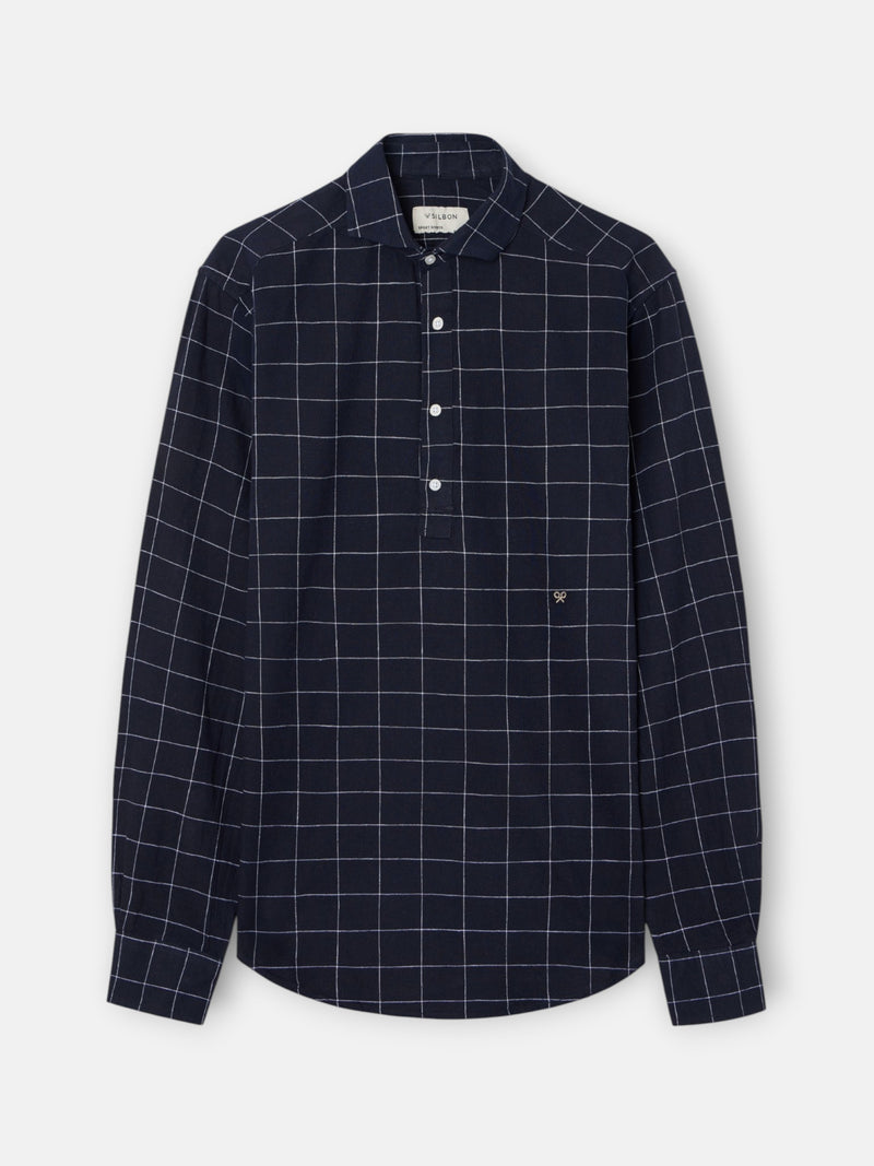 Camisa desportiva de linho aos quadrados azul-marinho