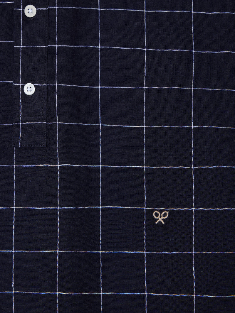 Camisa desportiva de linho aos quadrados azul-marinho