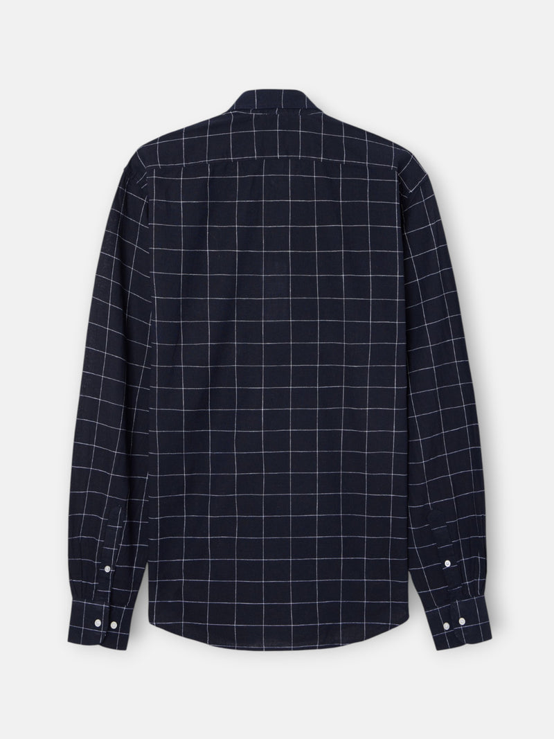 Camisa desportiva de linho aos quadrados azul-marinho
