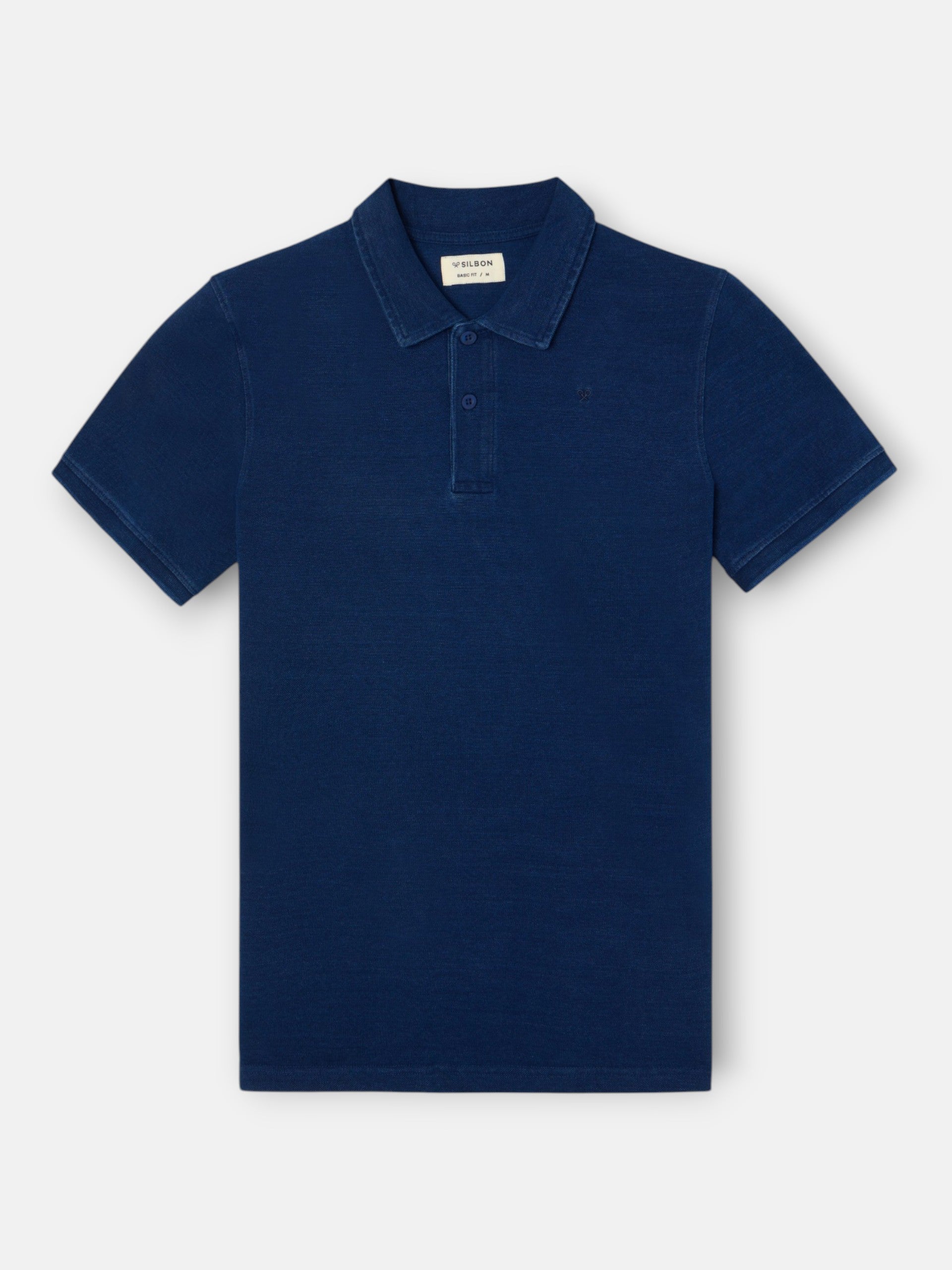 navy blue denim-style short-sleeved polo shirt