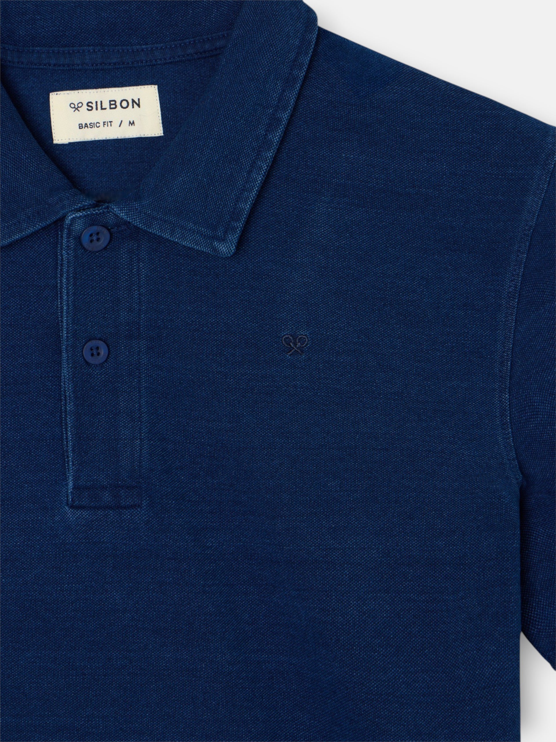 navy blue denim-style short-sleeved polo shirt