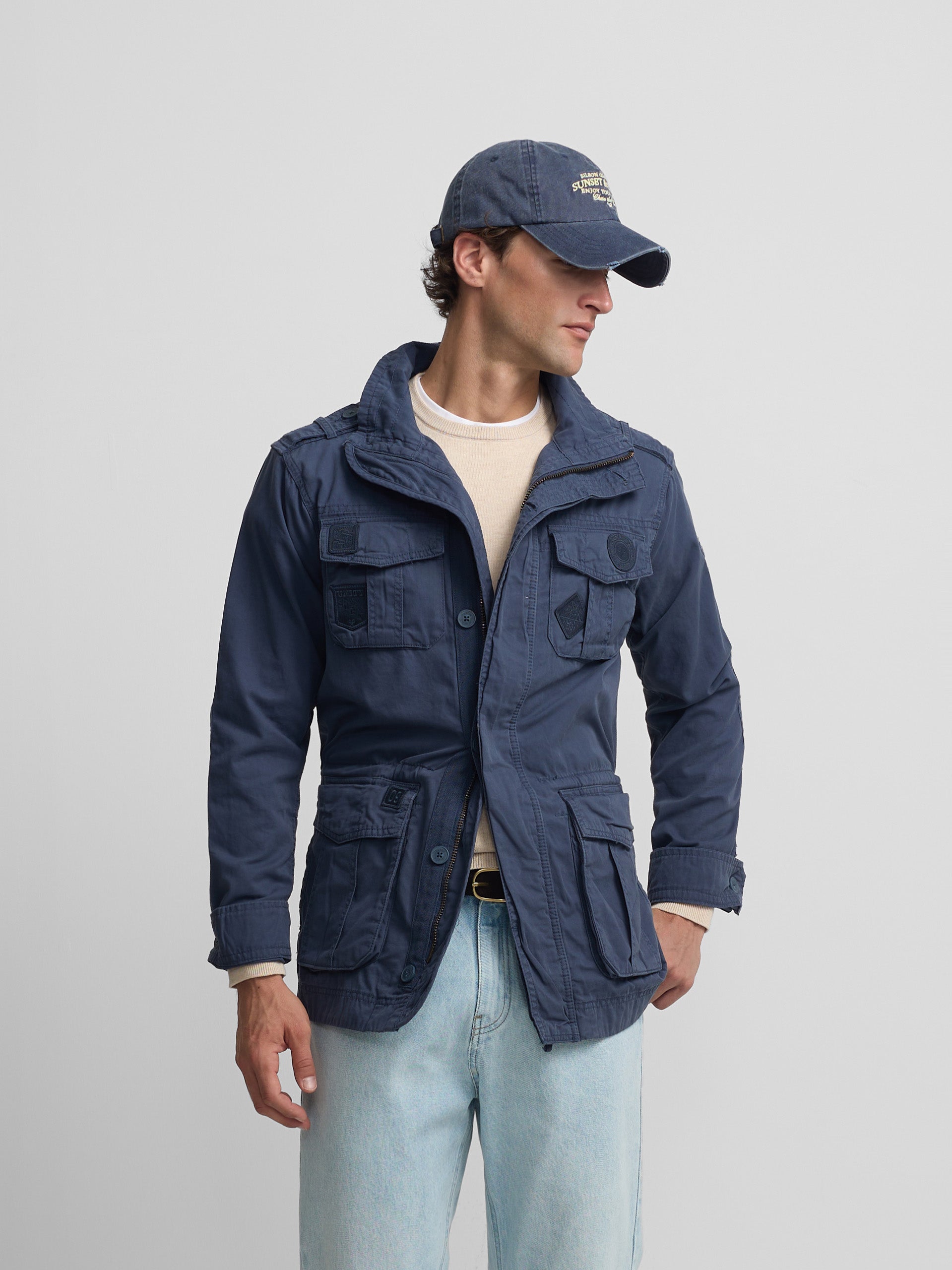 Navy blue patched parka