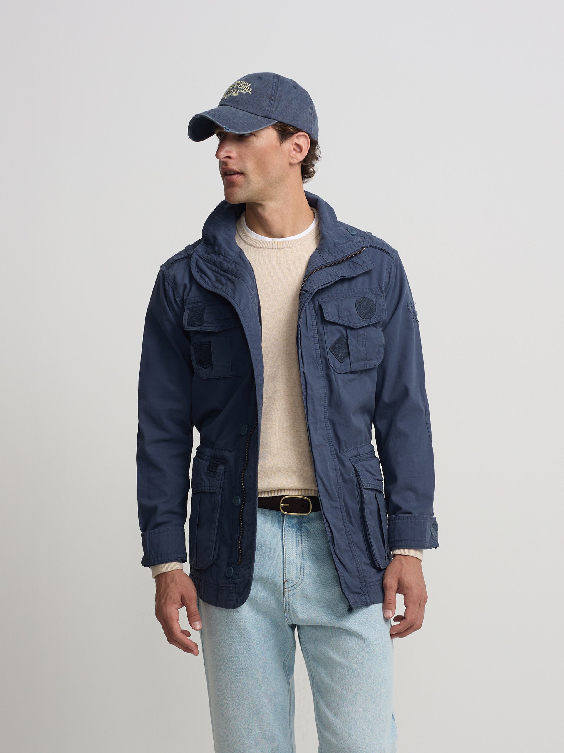 Navy blue patched parka