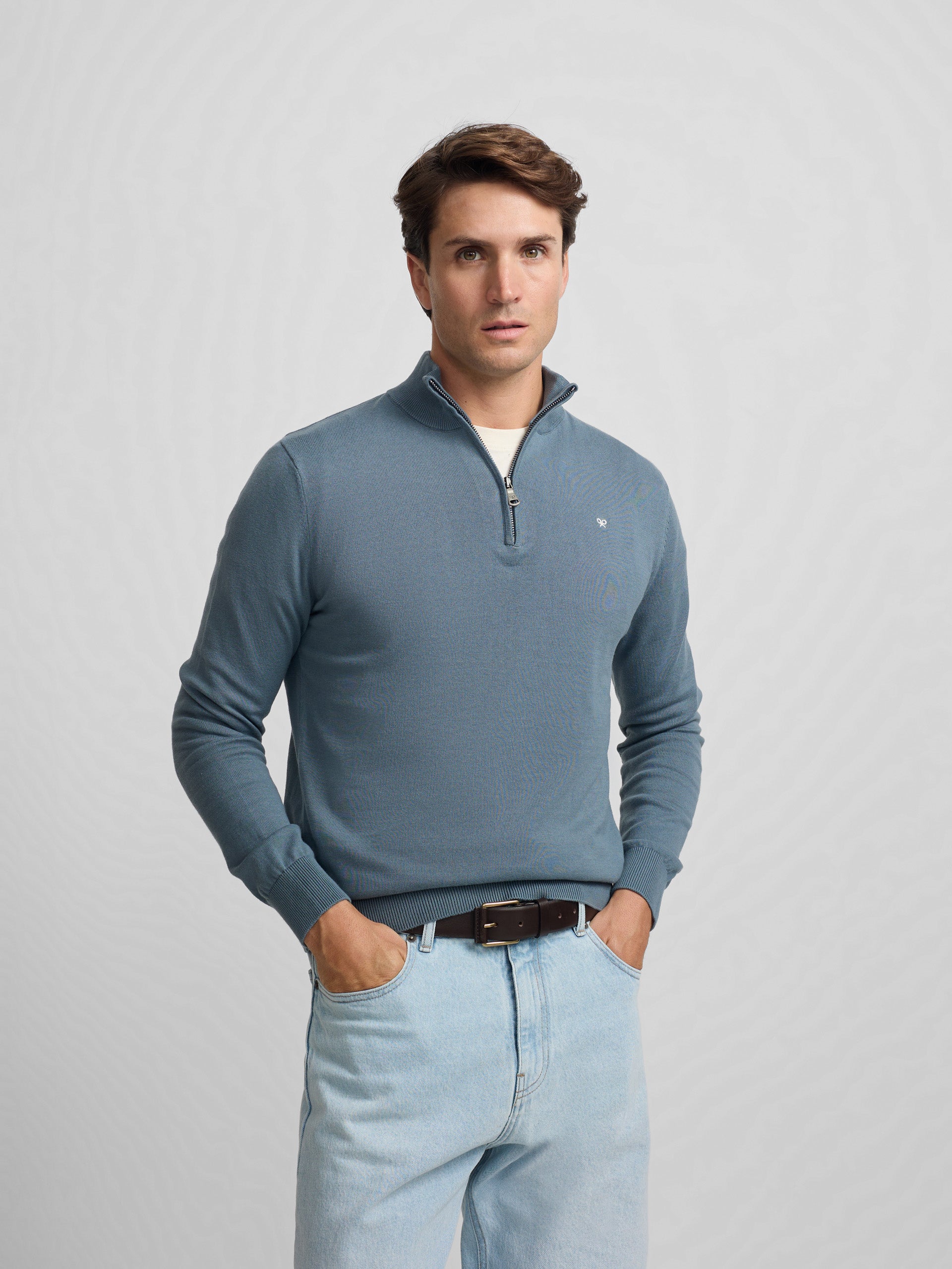 Jersey liso media cremallera azul petroleo